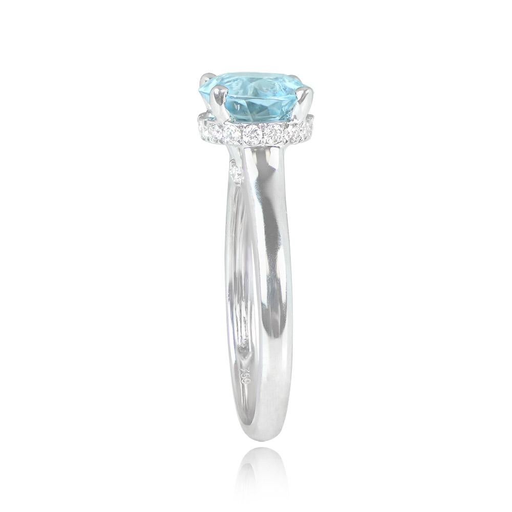 Art Deco 1.62ct Round Cut Natural Aquamarine Solitaire Ring, 18k White Gold For Sale