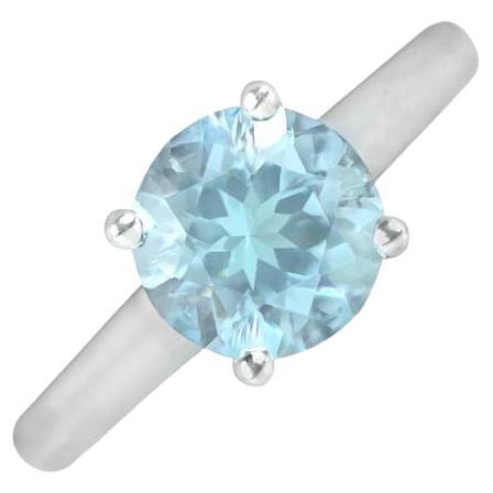 1.62ct Round Cut Natural Aquamarine Solitaire Ring, 18k White Gold For Sale