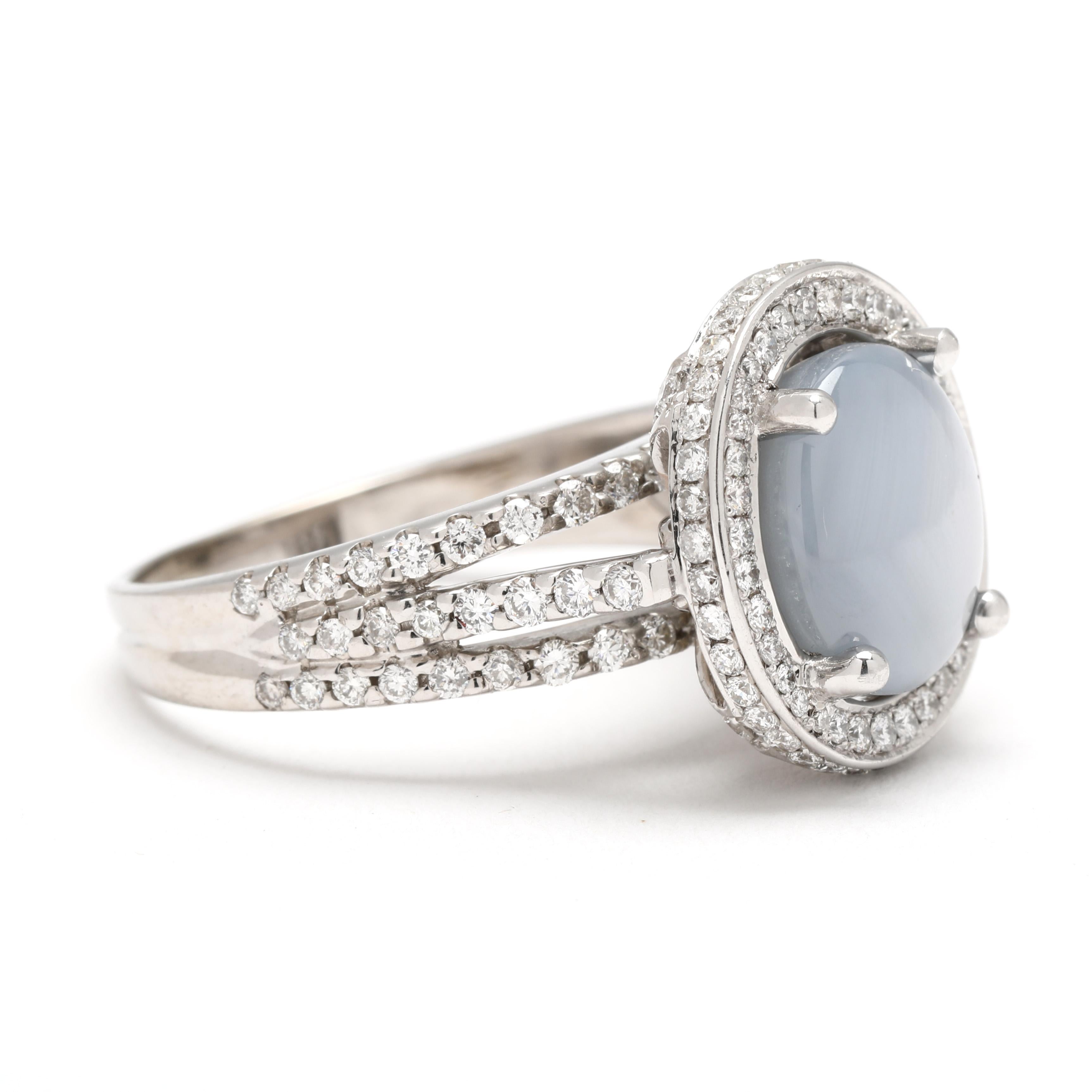 Stones:
diamond
round brilliant cut
.9 - 1.5 mm
approximately 1.62 total carats
FG color/ SI1-2 clarity
star sapphire
oval cabochon
10.9 x 9.4 mm

Ring Size 8

Rise Off Of Finger: 10.7 mm

Length: 16 mm

Weight: 6.8 dwts. / 10.5 grams

Stamps: