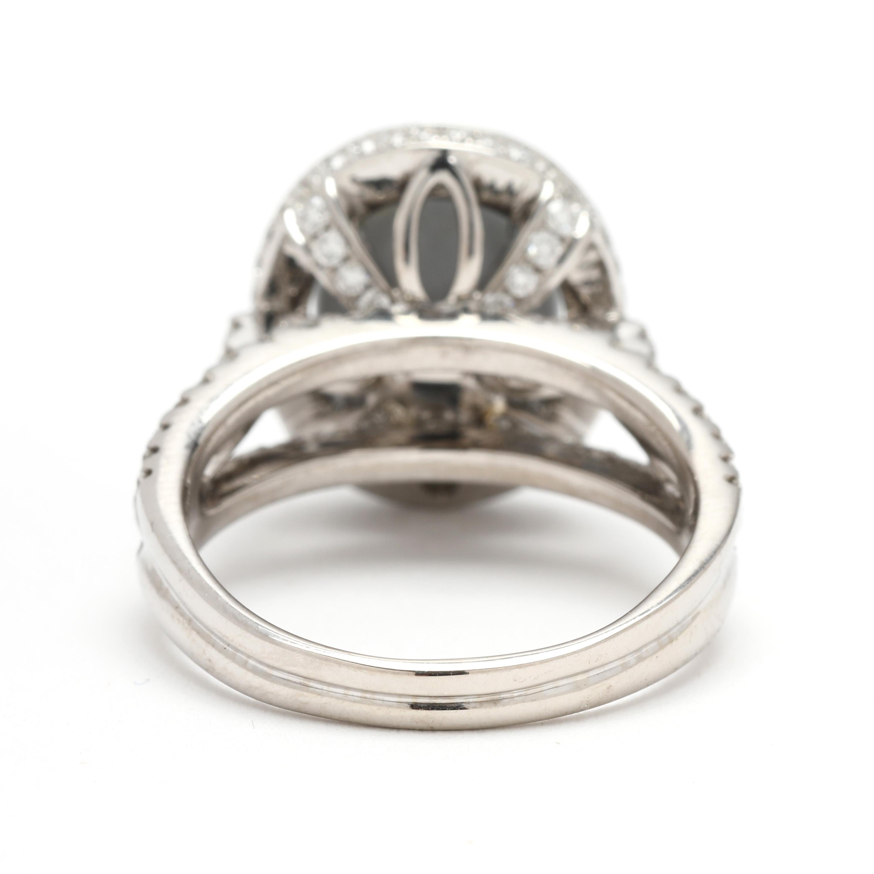 Oval Cut 1.62ctw Star Sapphire & Diamond Halo Ring, 18k White Gold, Ring Size 8 For Sale
