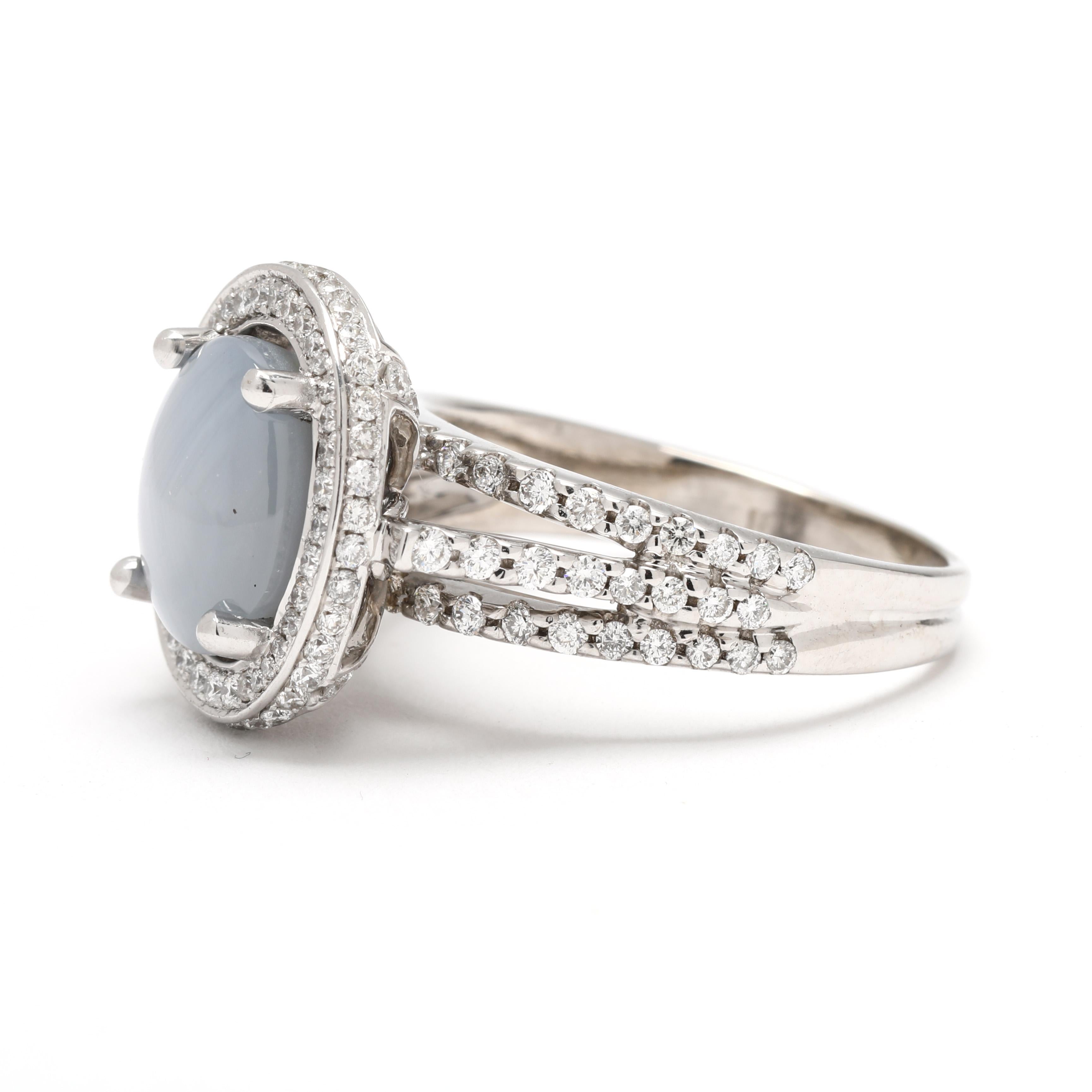 1.62ctw Star Sapphire & Diamond Halo Ring, 18k White Gold, Ring Size 8 In Good Condition For Sale In McLeansville, NC