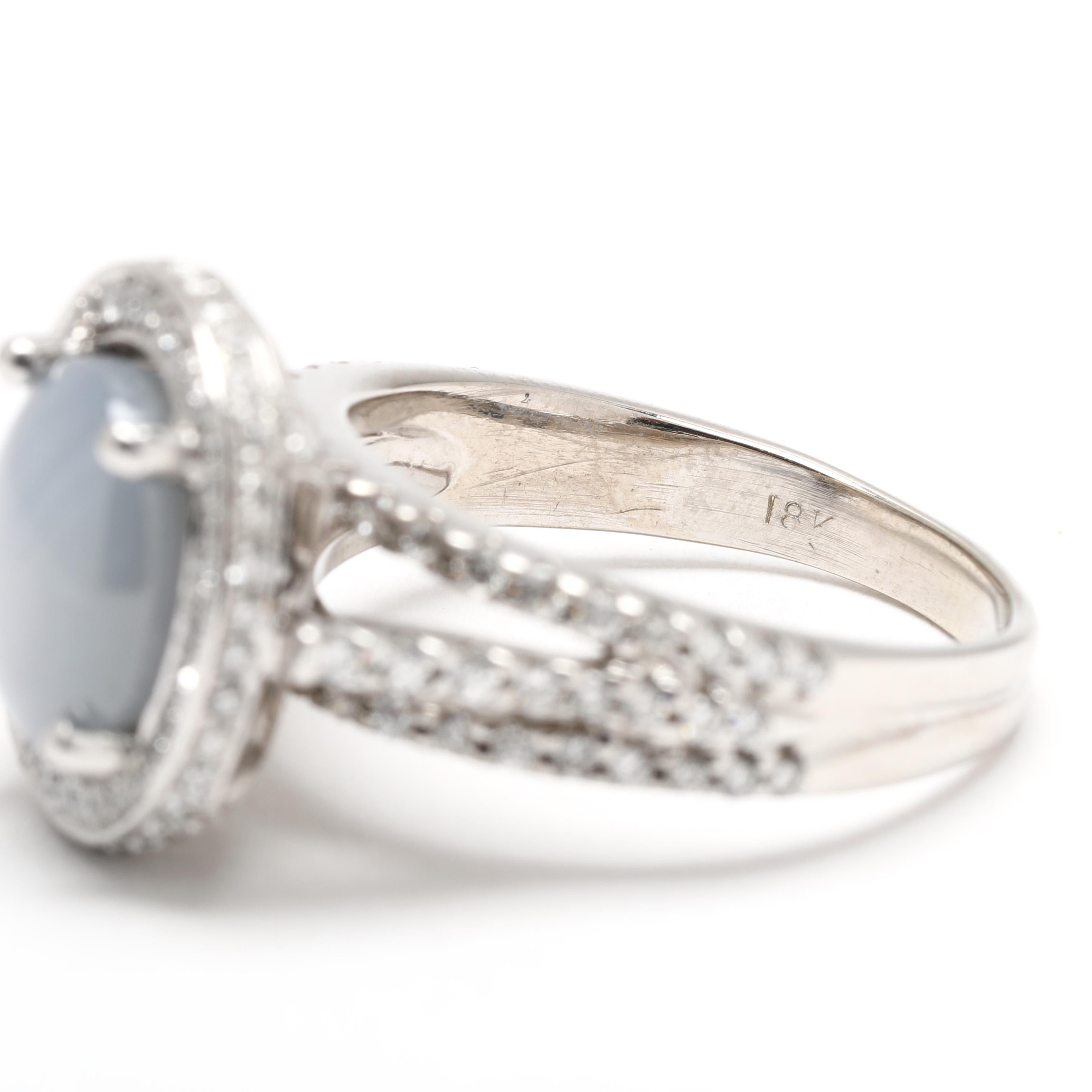 Women's or Men's 1.62ctw Star Sapphire & Diamond Halo Ring, 18k White Gold, Ring Size 8 For Sale