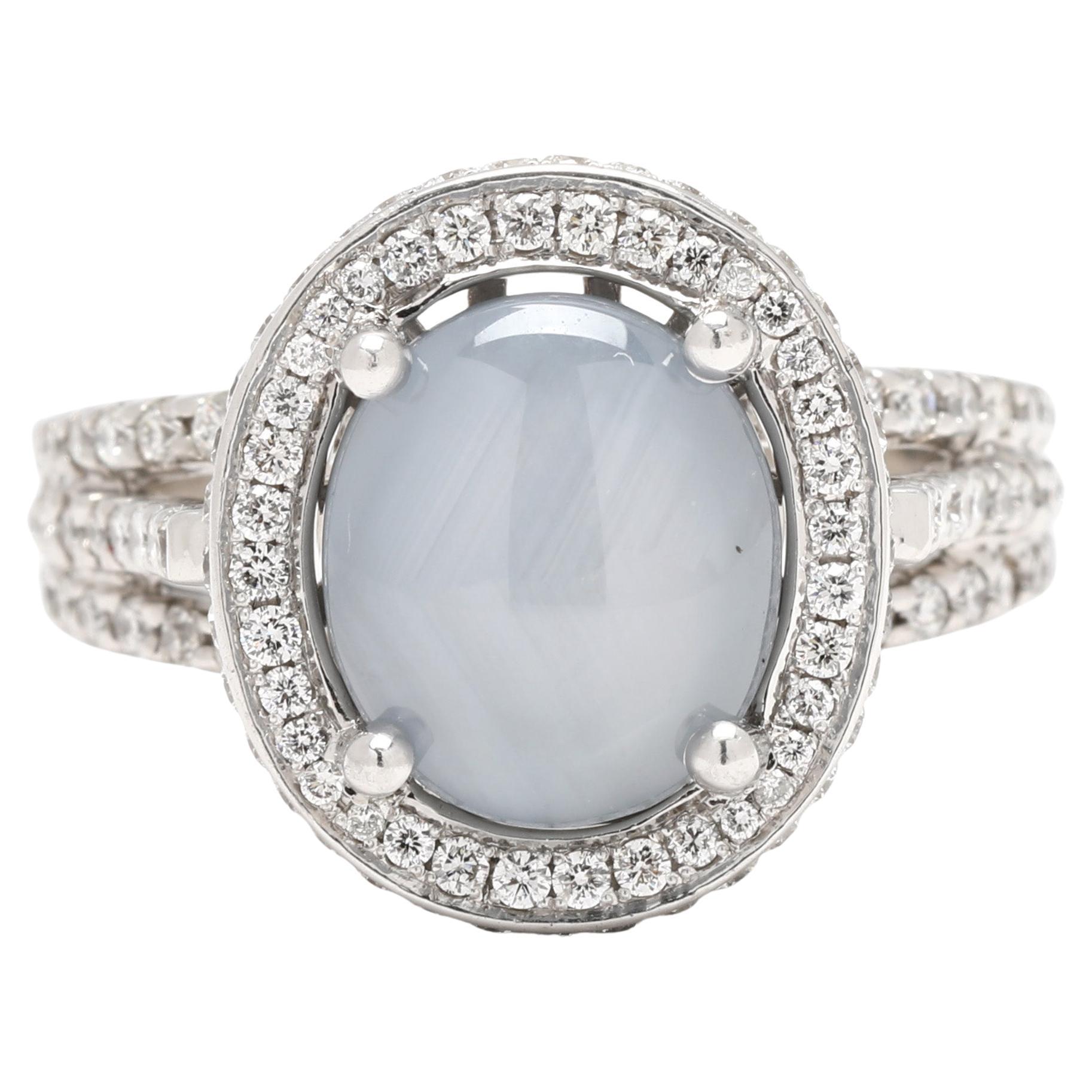 1.62ctw Star Sapphire & Diamond Halo Ring, 18k White Gold, Ring Size 8