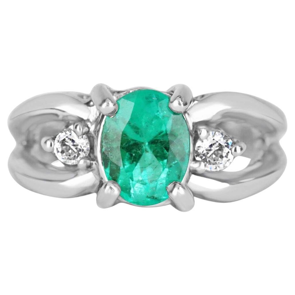 1.62tcw 14K Colombian Emerald-Oval Cut & Diamond Three Stone Right Hand Ring For Sale