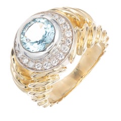 1.63 Carat Aquamarine Diamond Halo Two-Color Gold Swirl Cocktail Ring