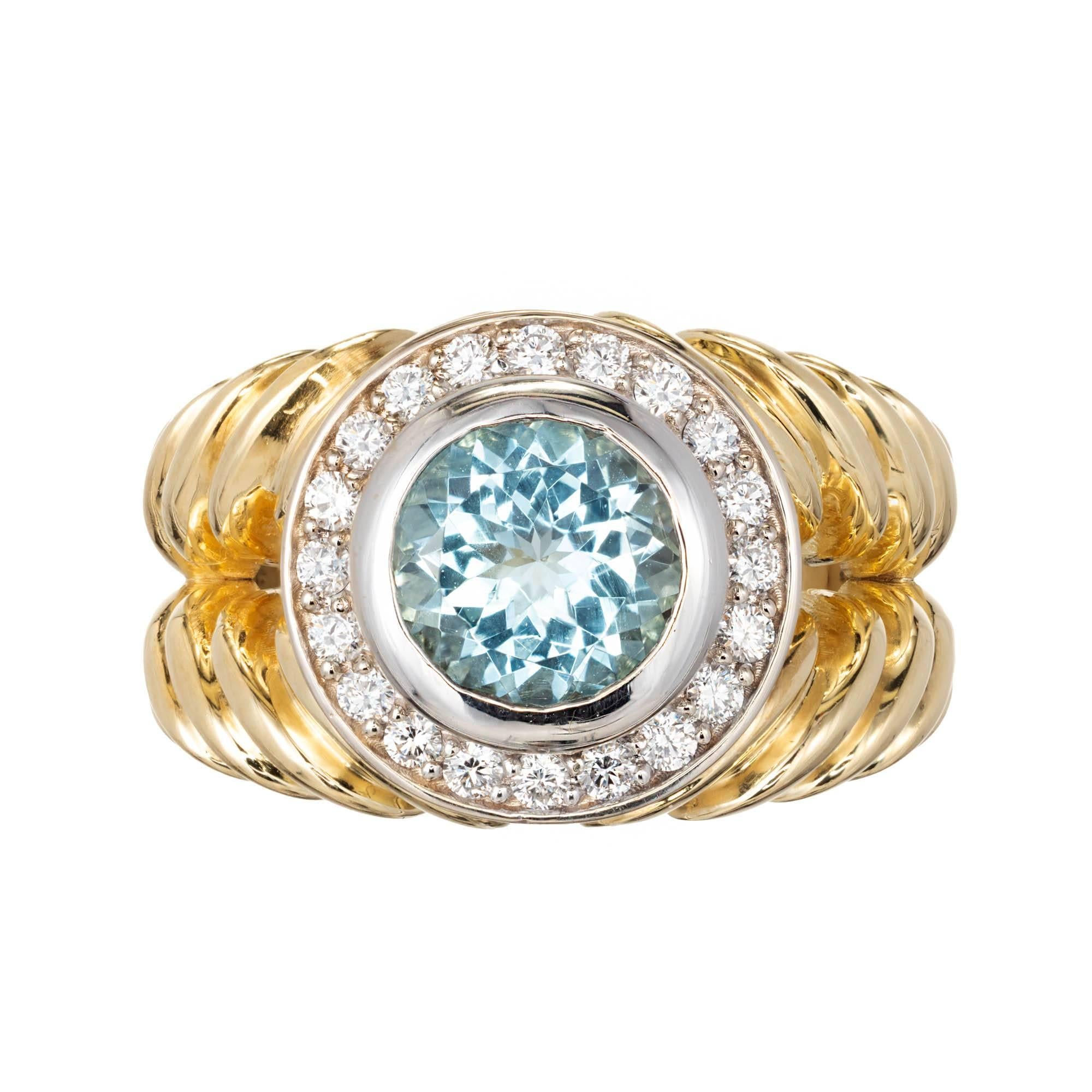 1.63 Carat Aquamarine Diamond Halo Two-Color Gold Swirl Cocktail Ring For Sale