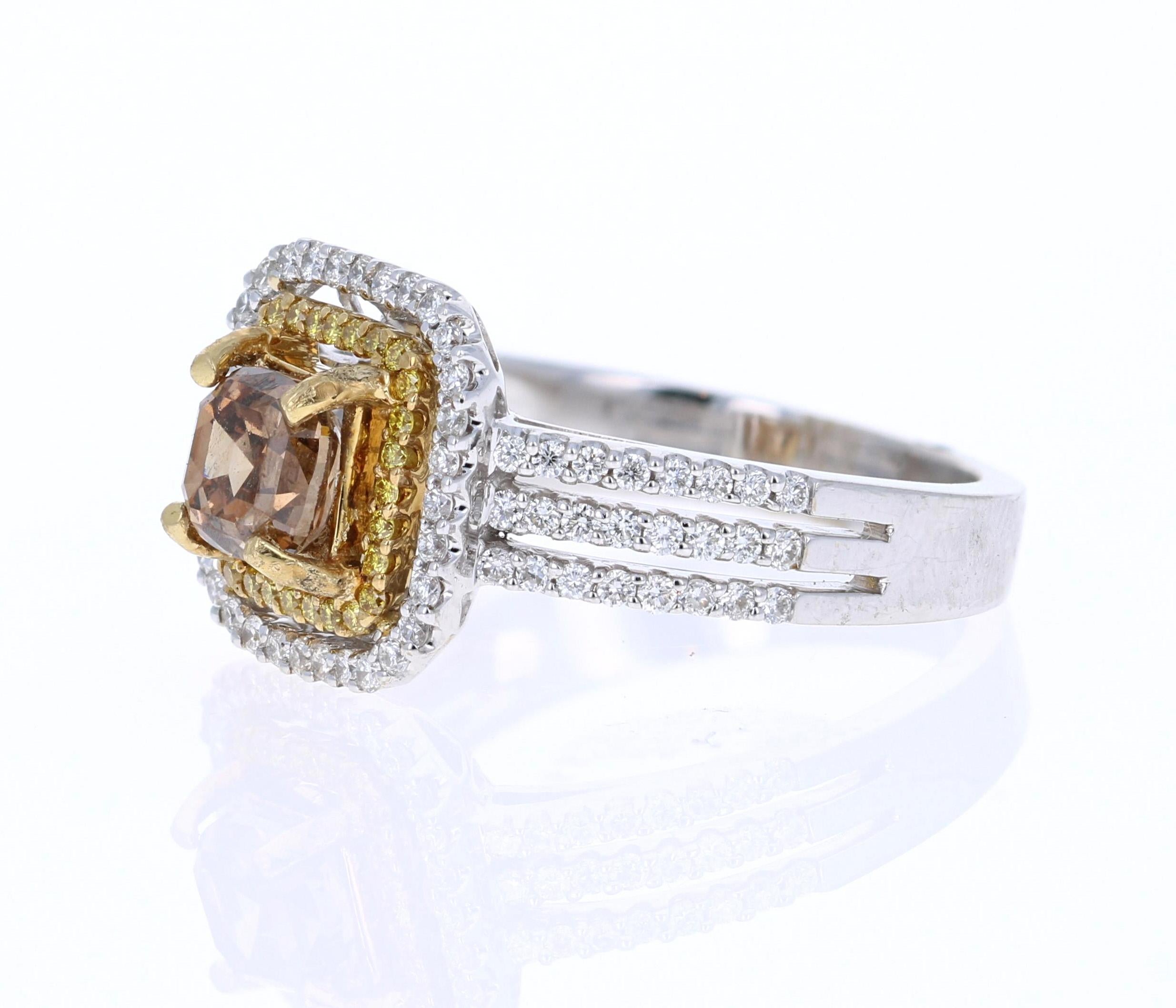 A great alternative to a typical diamond engagement ring!

This ring has a 1.03 Carat Asscher Cut Natural Champagne Diamond Clarity (SI1) which is surrounded by 88 Round Cut Diamonds that weigh 0.45 Carats and also 28 Yellow Diamonds that weigh 0.15