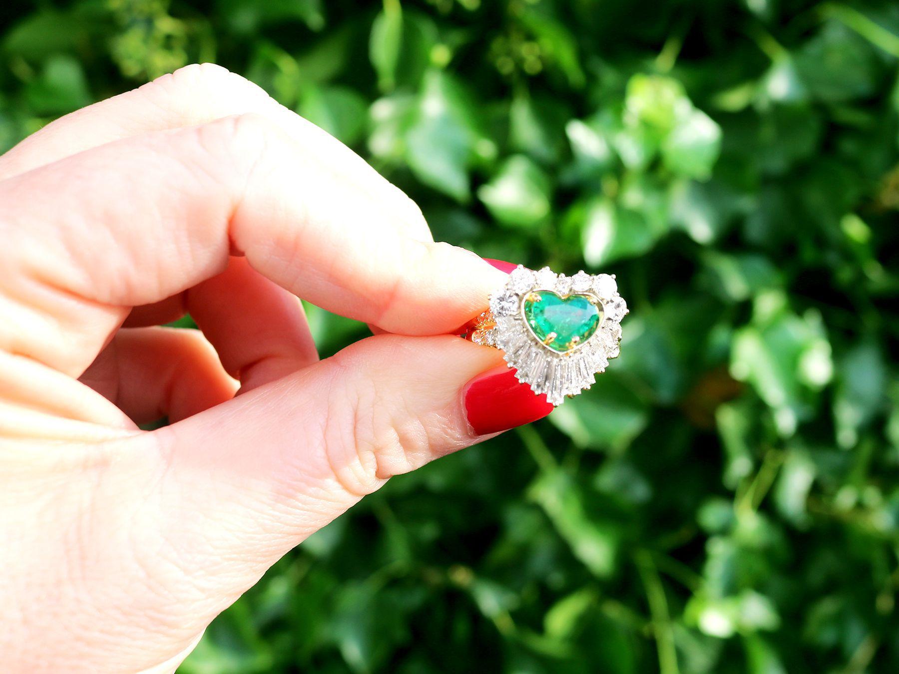 Heart Cut 1.63 Carat Emerald and 2.31 Carat Diamond Yellow Gold Ring For Sale