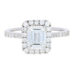 1.63 Carat Emerald Cut Diamond Engagement Ring, 14 Karat White Gold GIA Halo