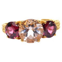 1.63 Carat Morganite and Rhodolite Ring in 14 Karat Yellow Gold