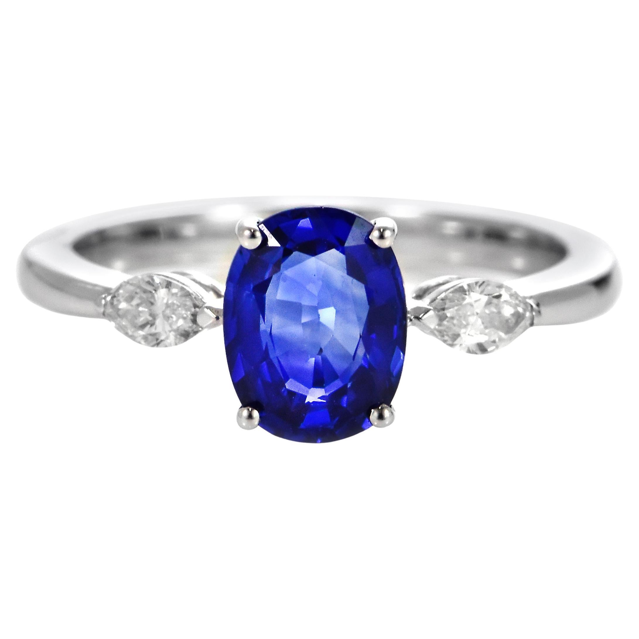 1.63 Carat Natural Royal Blue Sapphire and Diamond Ring Made in 18K White Gold