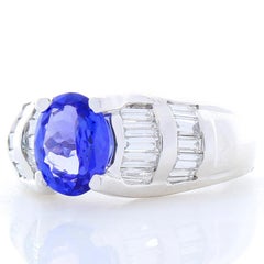 1.63 Carat Oval Tanzanite and Baguette Diamond Platinum Cocktail Ring