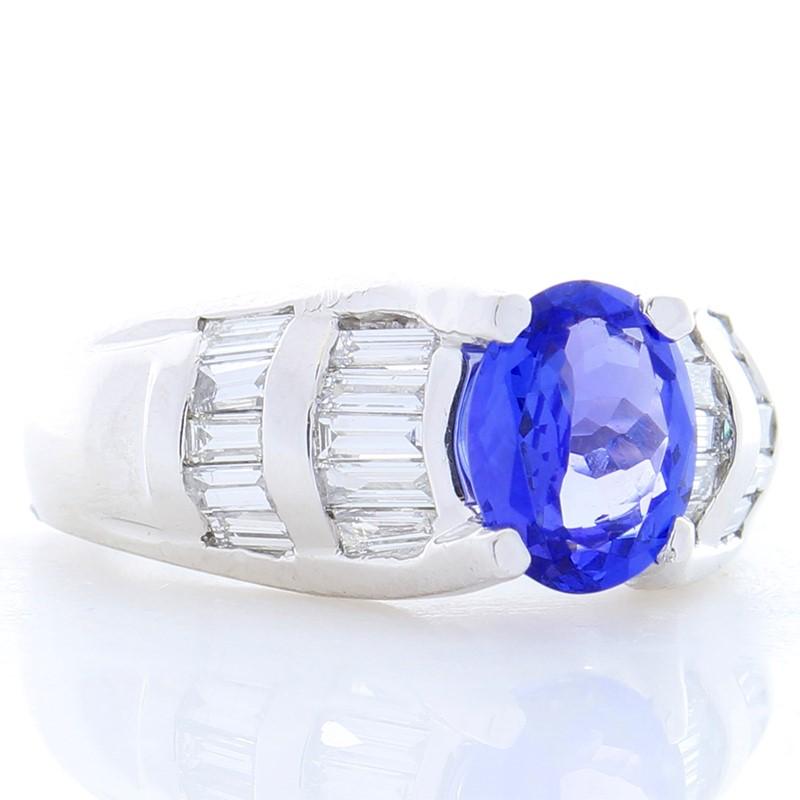 Contemporary 1.63 Carat Oval Tanzanite and Baguette Diamond Platinum Cocktail Ring