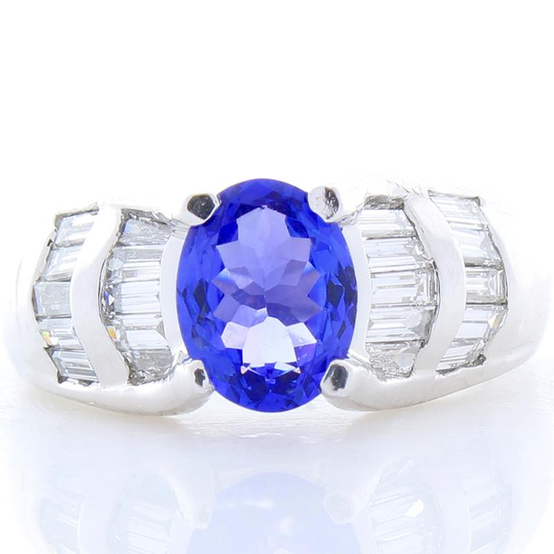 Oval Cut 1.63 Carat Oval Tanzanite and Baguette Diamond Platinum Cocktail Ring