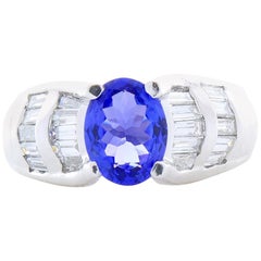 1.63 Carat Oval Tanzanite and Baguette Diamond Platinum Cocktail Ring