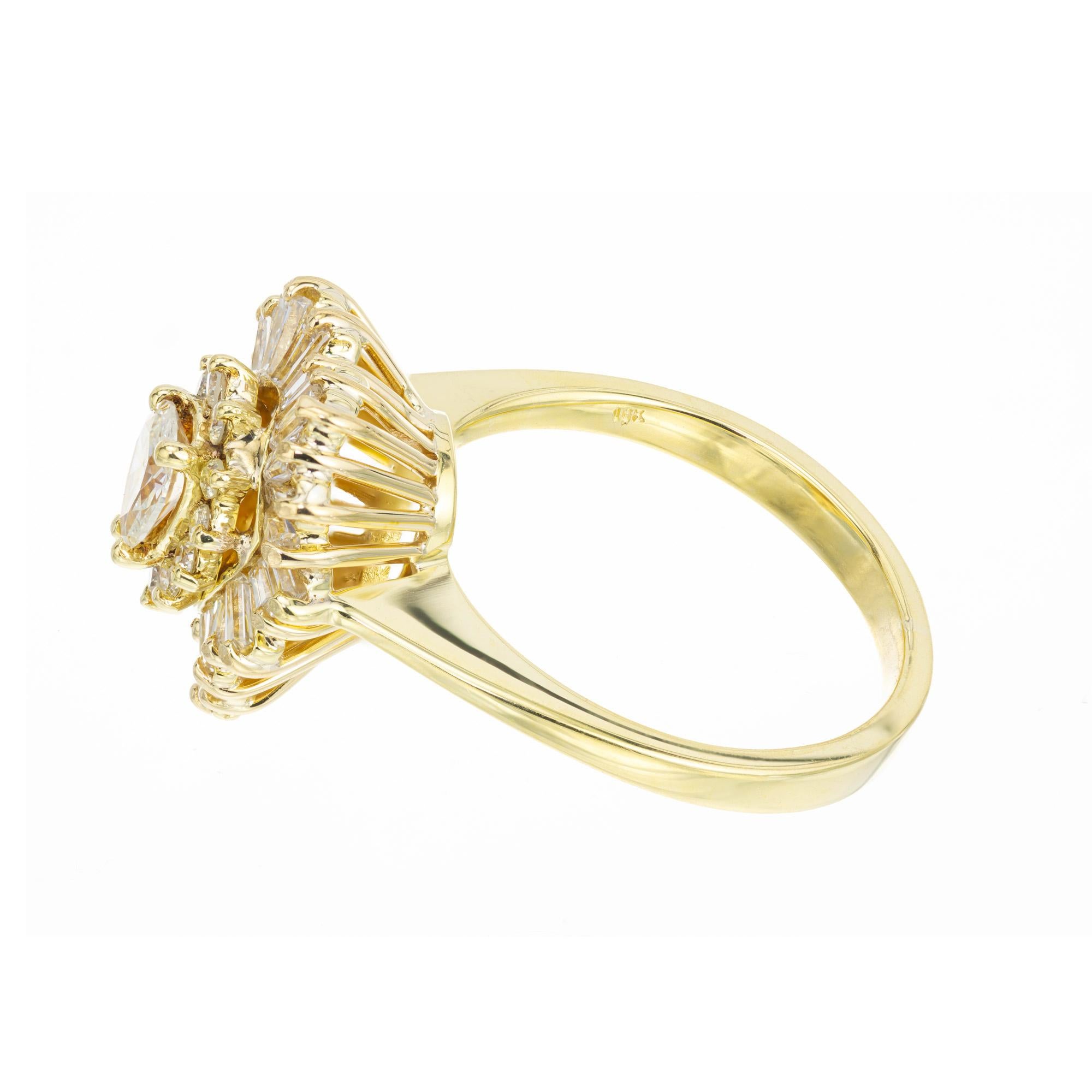 Pear Cut 1.63 Carat Pear Shaped Diamond Halo Yellow Gold Ballerina Engagement Ring  For Sale