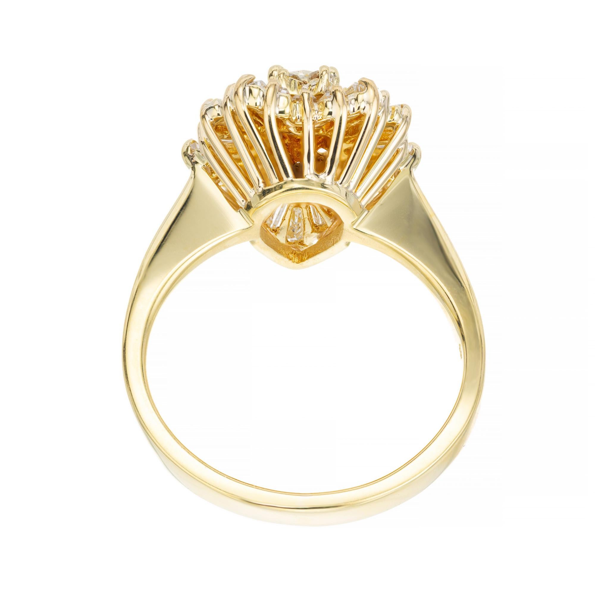 1.63 Carat Pear Shaped Diamond Halo Yellow Gold Ballerina Engagement Ring  In Good Condition For Sale In Stamford, CT