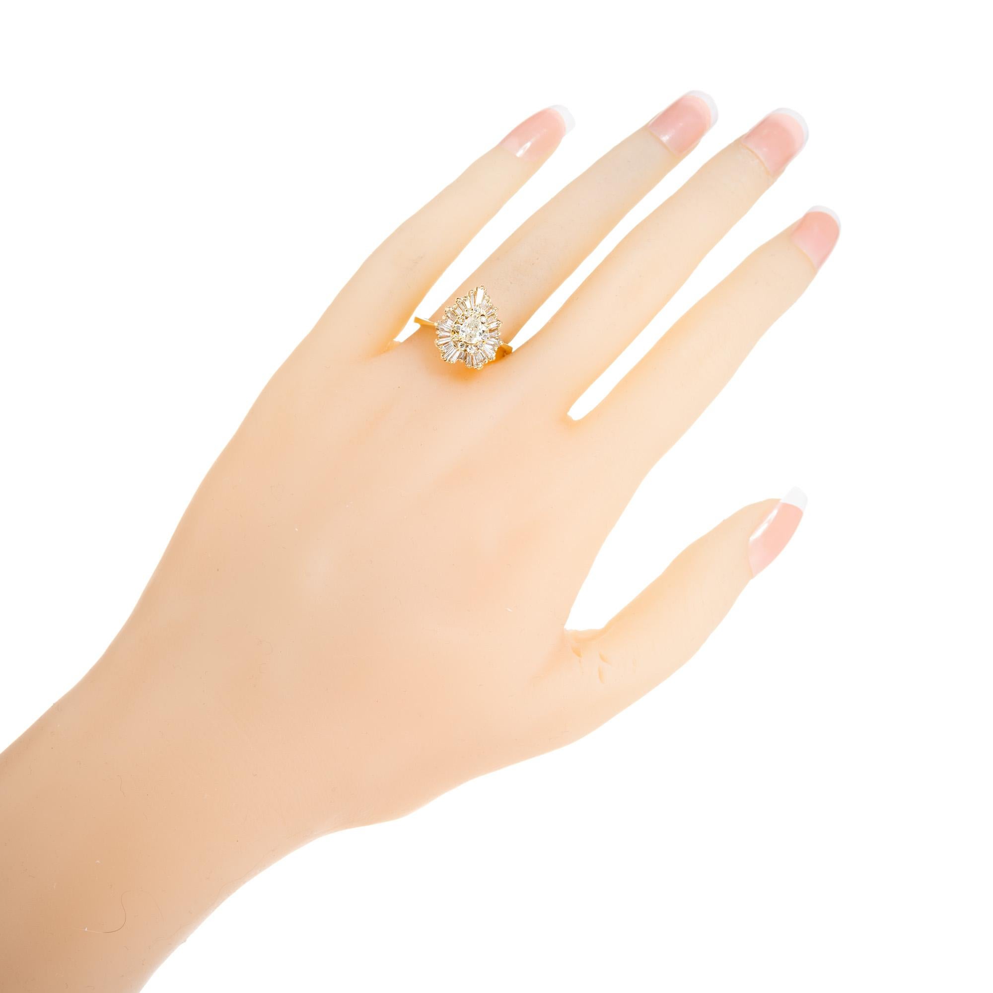 1.63 Carat Pear Shaped Diamond Halo Yellow Gold Ballerina Engagement Ring  For Sale 1