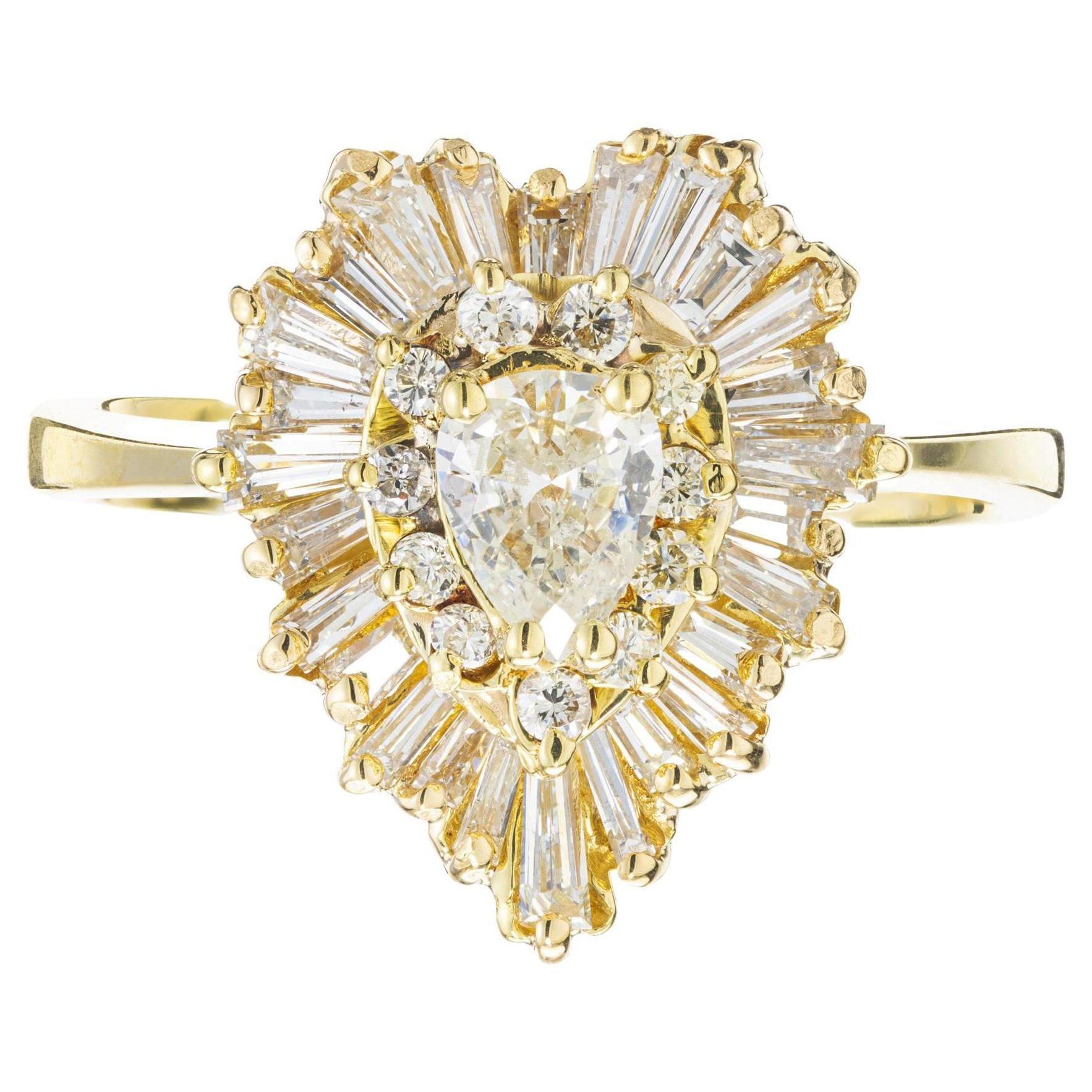 1.63 Carat Pear Shaped Diamond Halo Yellow Gold Ballerina Engagement Ring  For Sale