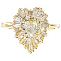 Vintage 1.63 Carat Pear Shaped Diamond Halo Yellow Gold Ballerina Engagement Ring 