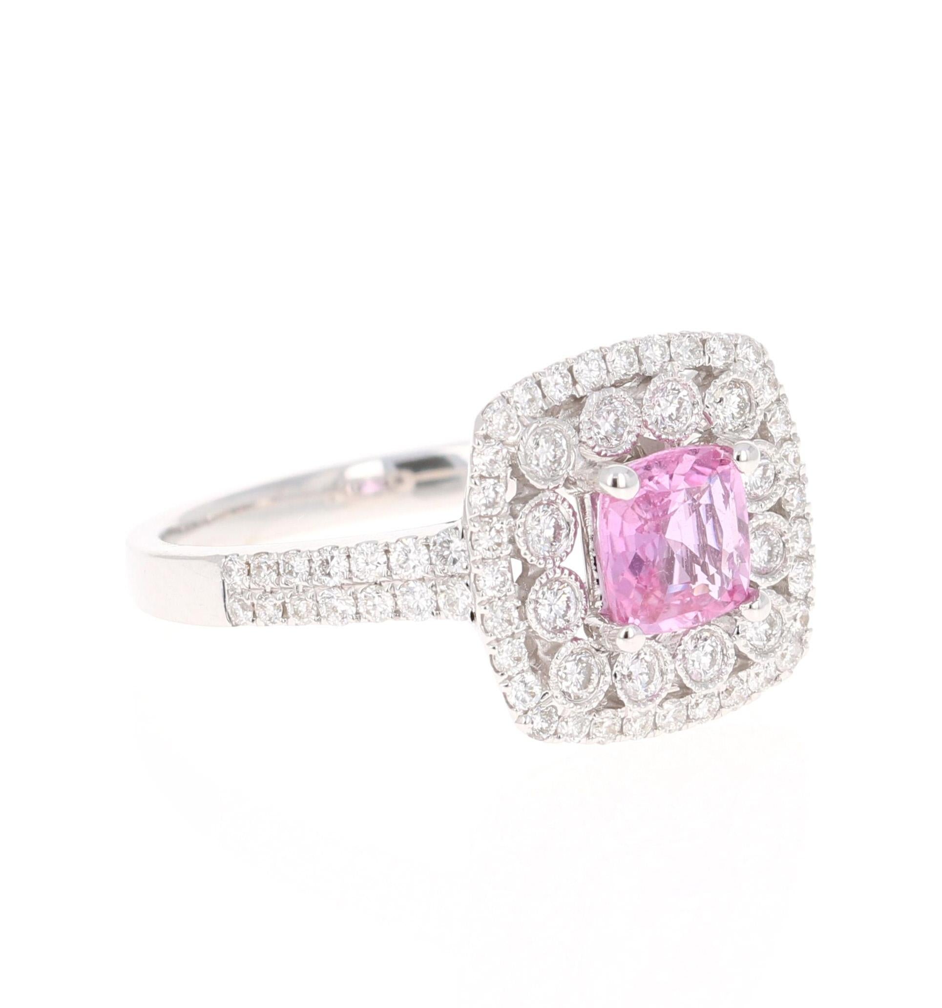 Cute Pink Sapphire and Diamond Ring! Can be an everyday ring or a unique Engagement Ring!

This beautiful ring has a Square-Cushion Cut Pink Sapphire that weighs 1.00 Carat. 

The ring is embellished with 72 Round Cut Diamonds that weigh 0.63 Carats