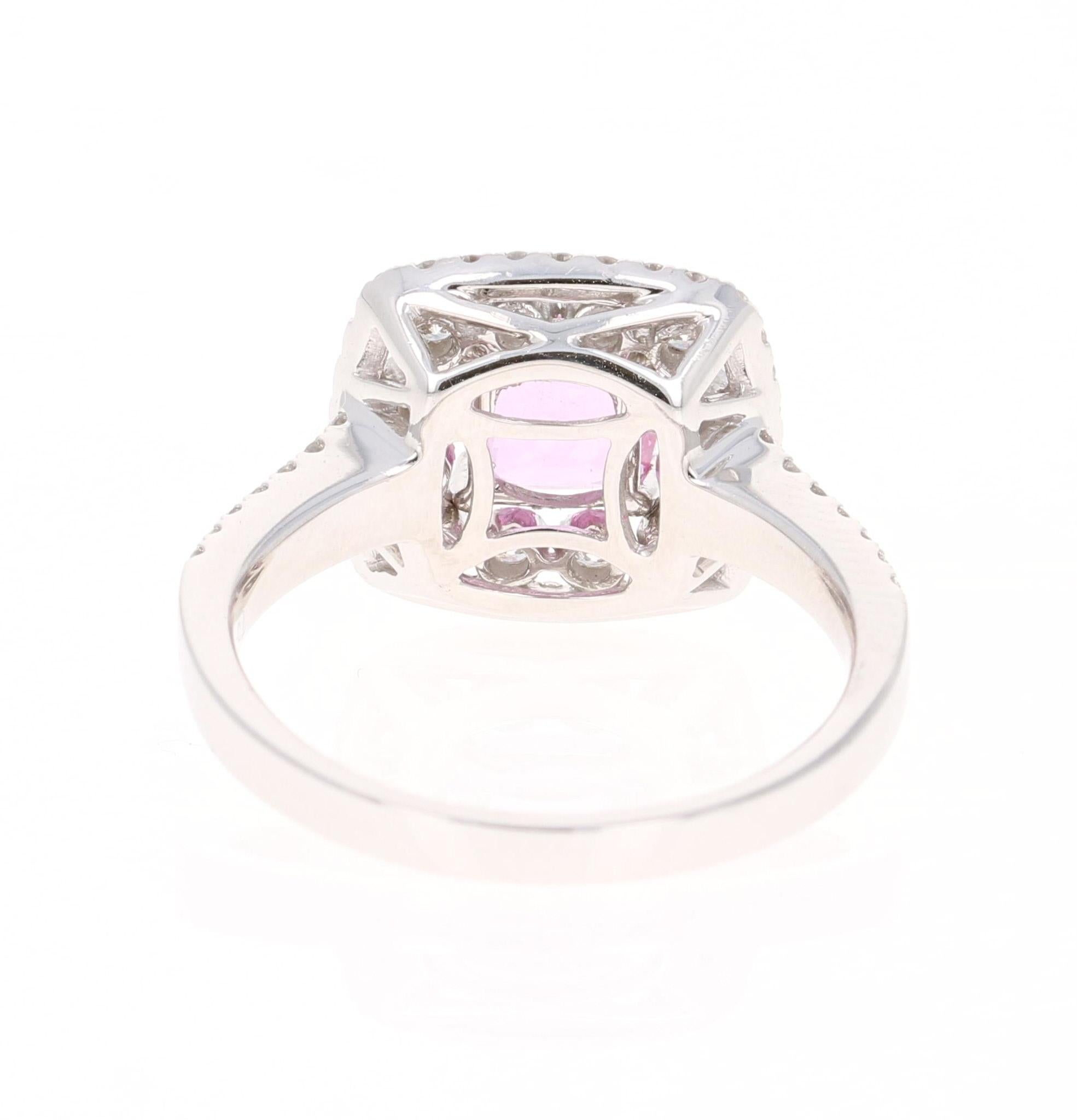 Cushion Cut 1.63 Carat Pink Sapphire Diamond 18 Karat White Gold Ring