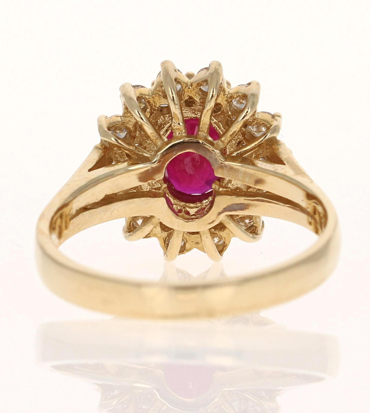 Oval Cut 1.63 Carat Ruby Diamond 14 Karat Yellow Gold Engagement Ring For Sale
