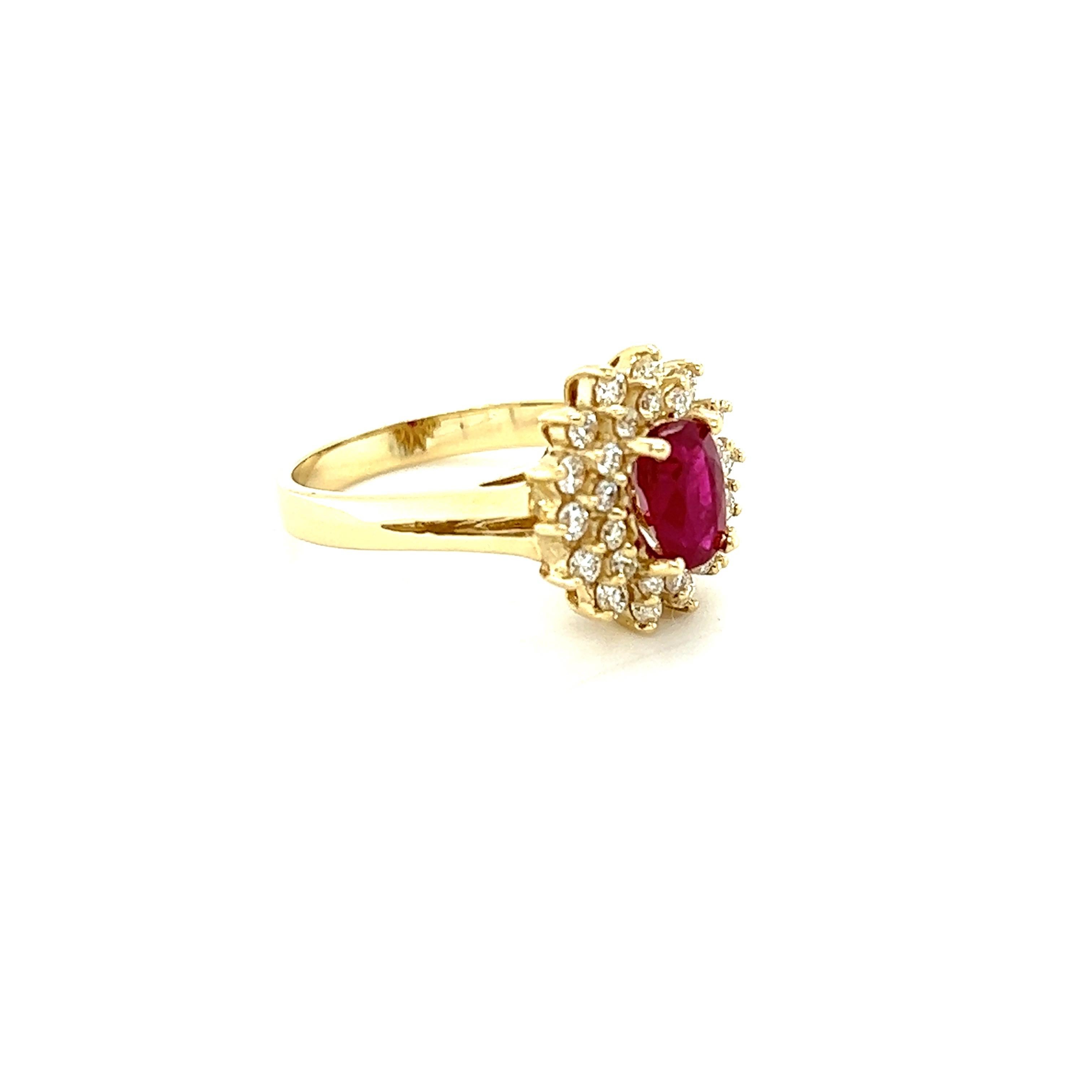 This Ring has a Oval Cut Natural Ruby that measures at approximately 7 mm x 4.5 mm and weighs at 1.14 carats. It also has 28 Round Cut Diamonds that weigh 0.49 carats. The total carat weight of the ring is 1.63 carats. 

The clarity and color of the