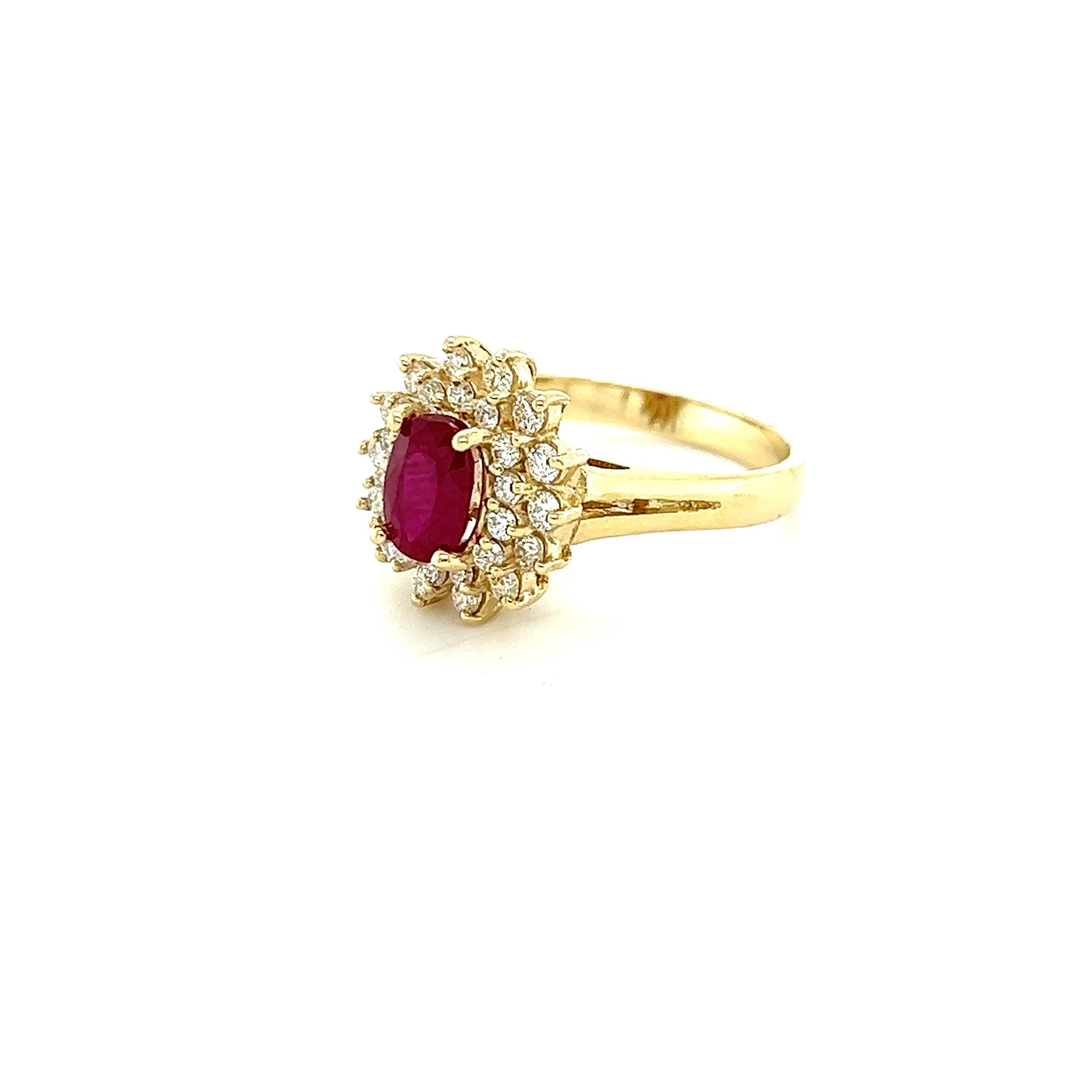 Oval Cut 1.63 Carat Ruby Diamond 14 Karat Yellow Gold Ring For Sale