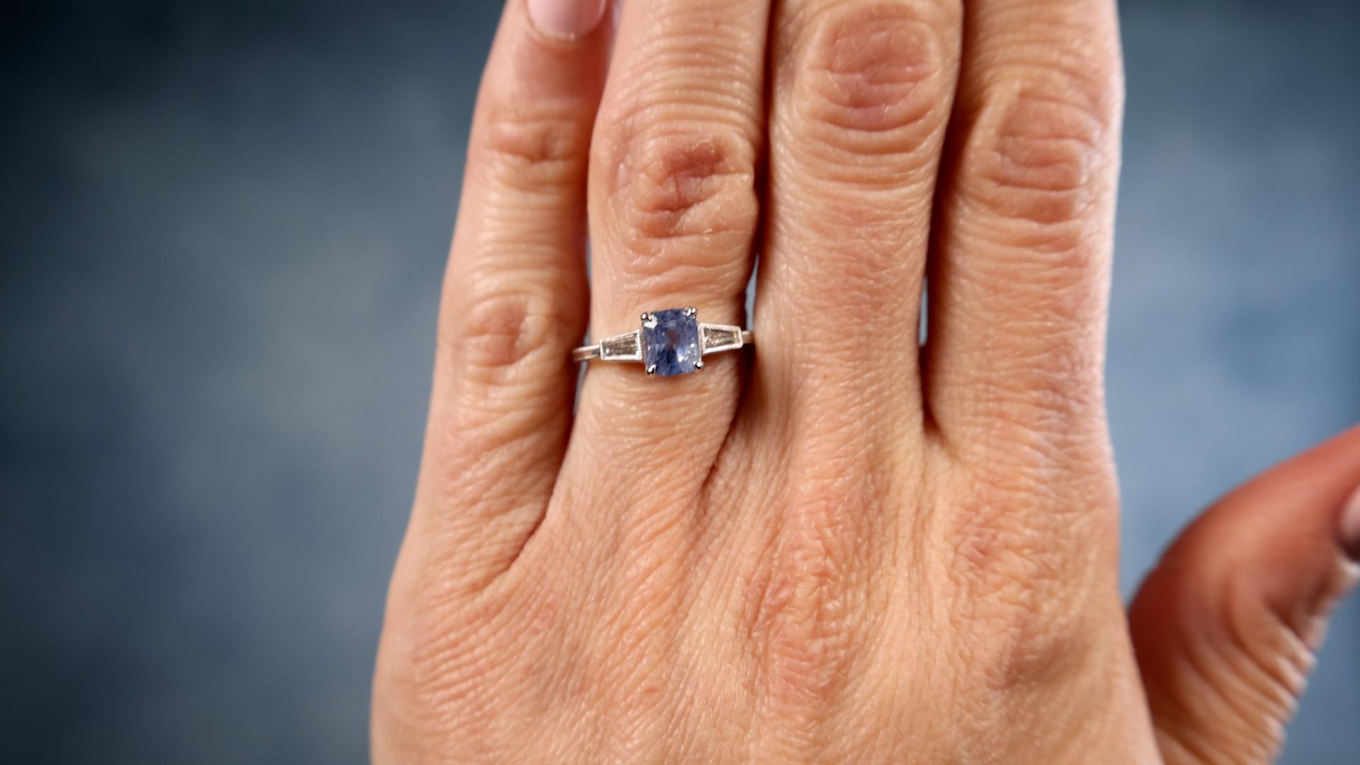 Baguette Cut 1.63 Carat Sapphire and Diamond 18k White Gold Ring For Sale