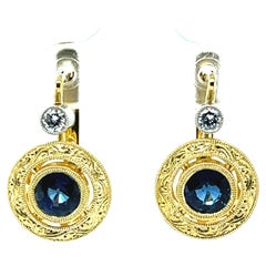 1.63 Carat Total Blue Sapphire, Diamond, Yellow, White Gold Bezel Drop Earrings