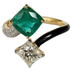 1.63 carats, natural Zambian Emerald, Black Enamel & Diamonds Engagement Ring