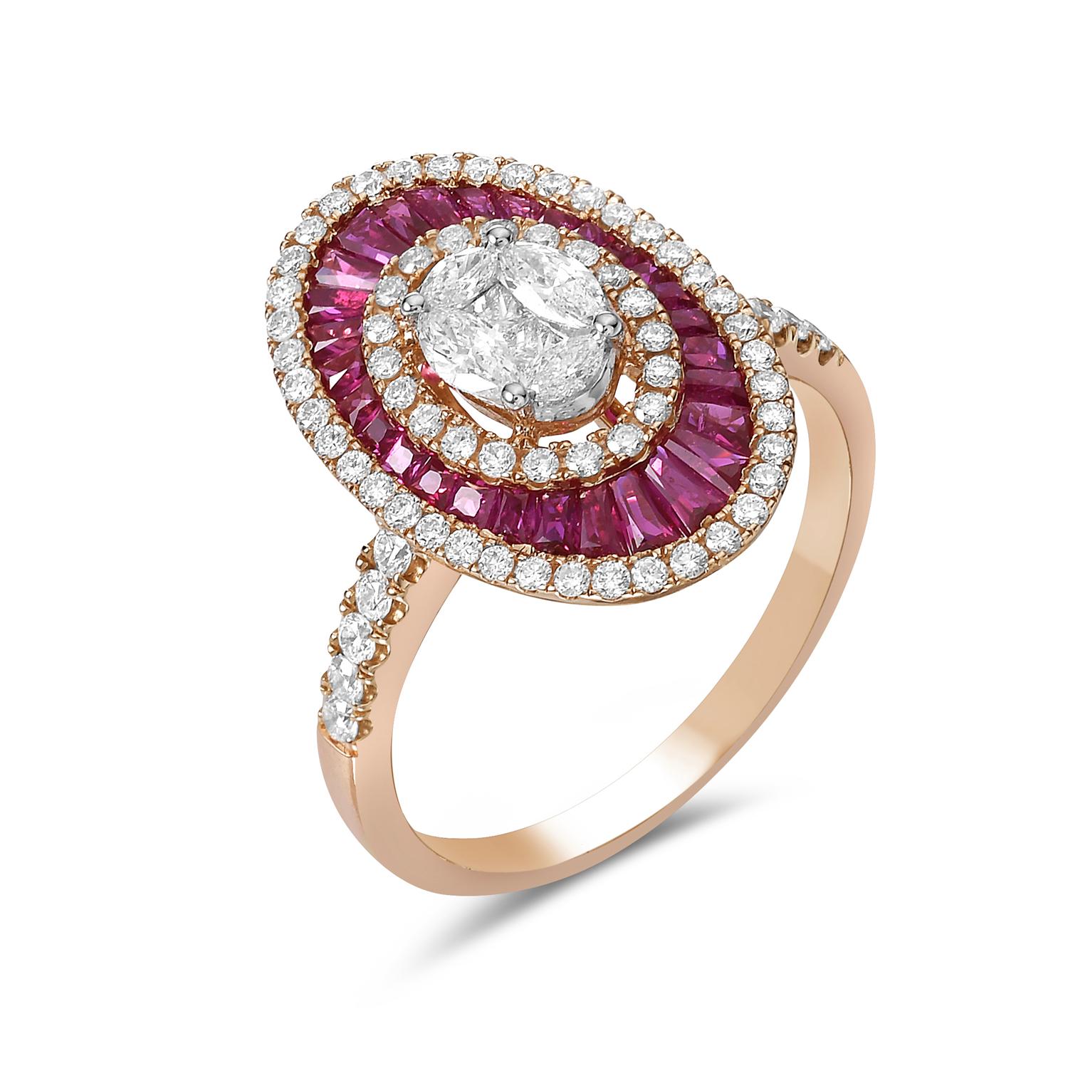 Art déco Bague en or jaune 18 carats avec rubis de 1,63 carat au centre et diamants latéraux de forme ovale en vente