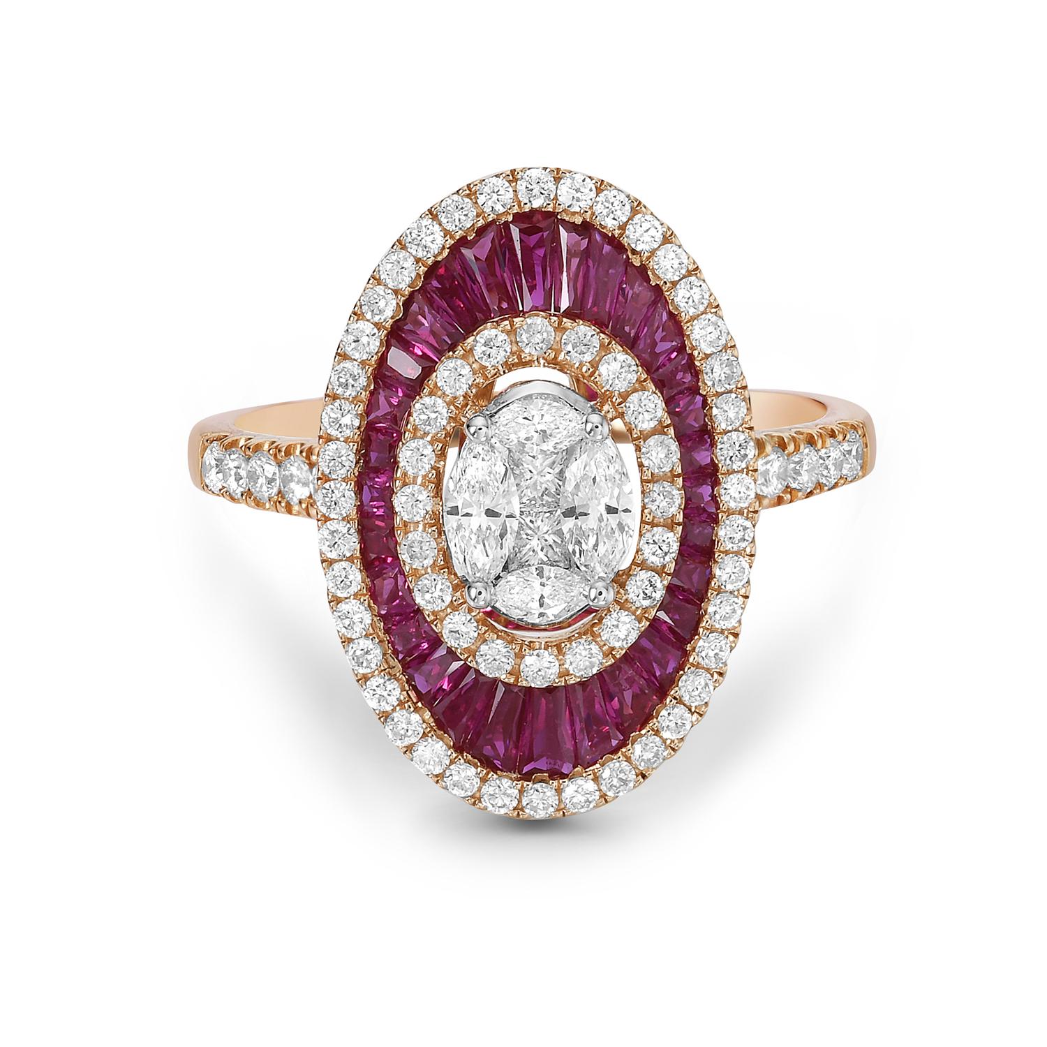 Taille mixte Bague en or jaune 18 carats avec rubis de 1,63 carat au centre et diamants latéraux de forme ovale en vente