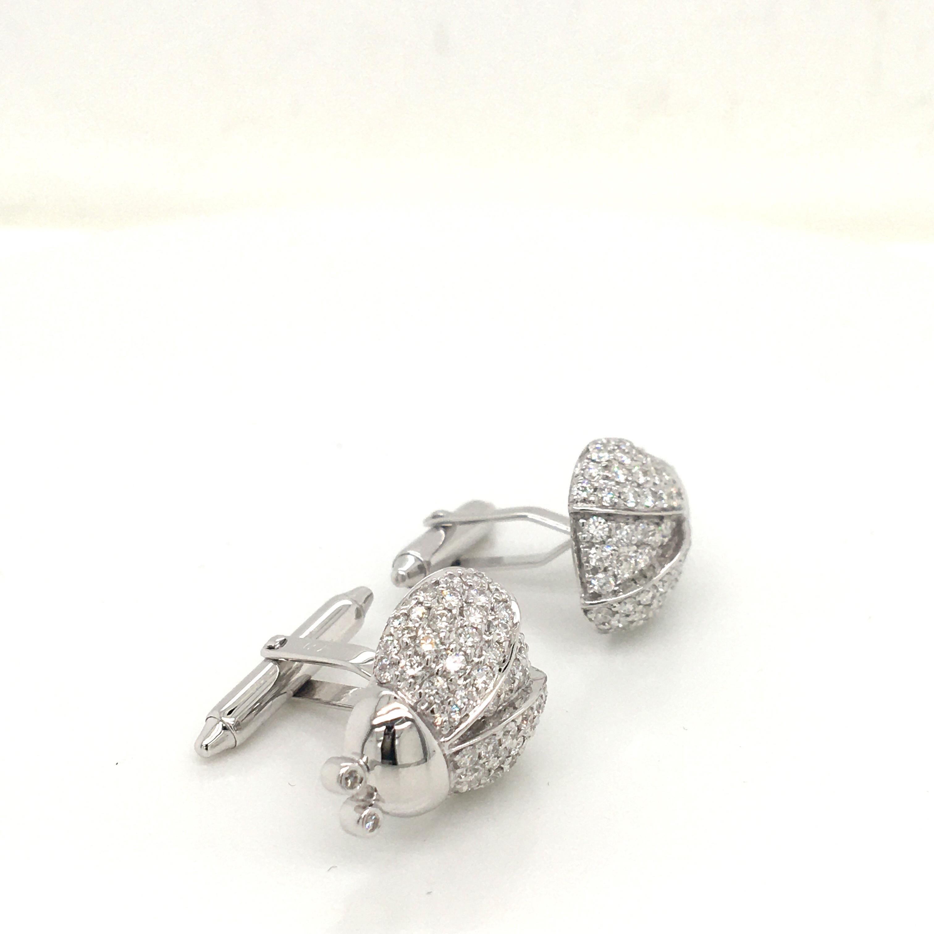 Contemporary 1.63 Carat Diamond Cufflinks White Gold Ladybug with Box For Sale