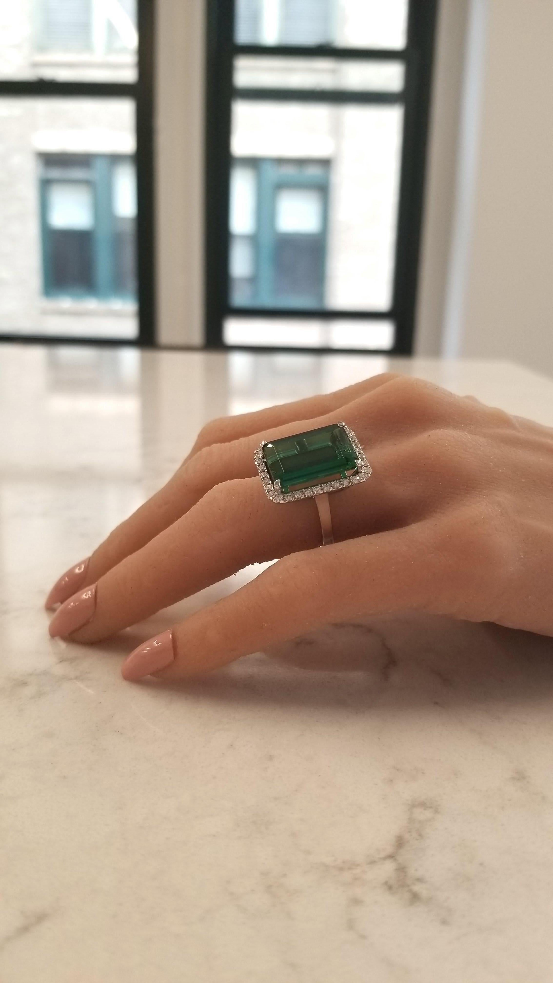 16.30 Carat Emerald Cut Green Tourmaline and Diamond Ring in 18 Karat White Gold In New Condition In Chicago, IL