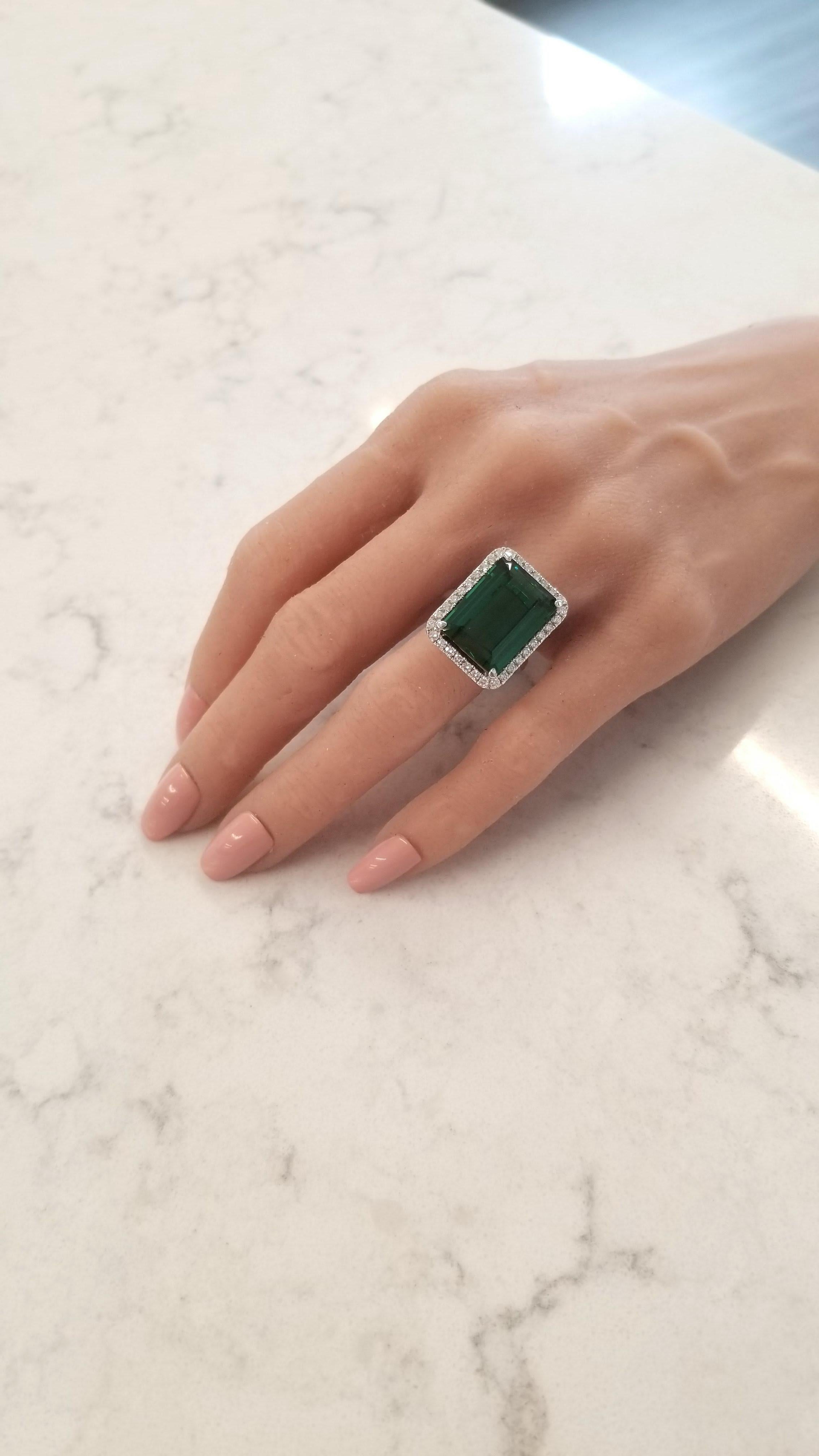 16.30 Carat Emerald Cut Green Tourmaline and Diamond Ring in 18 Karat White Gold 1