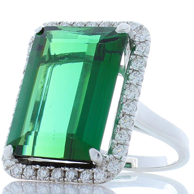 Contemporary 16.30 Carat Emerald Cut Green Tourmaline and Diamond Ring in 18 Karat White Gold