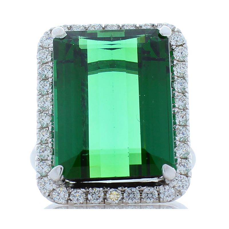 16.30 Carat Emerald Cut Green Tourmaline and Diamond Ring in 18 Karat White Gold 2