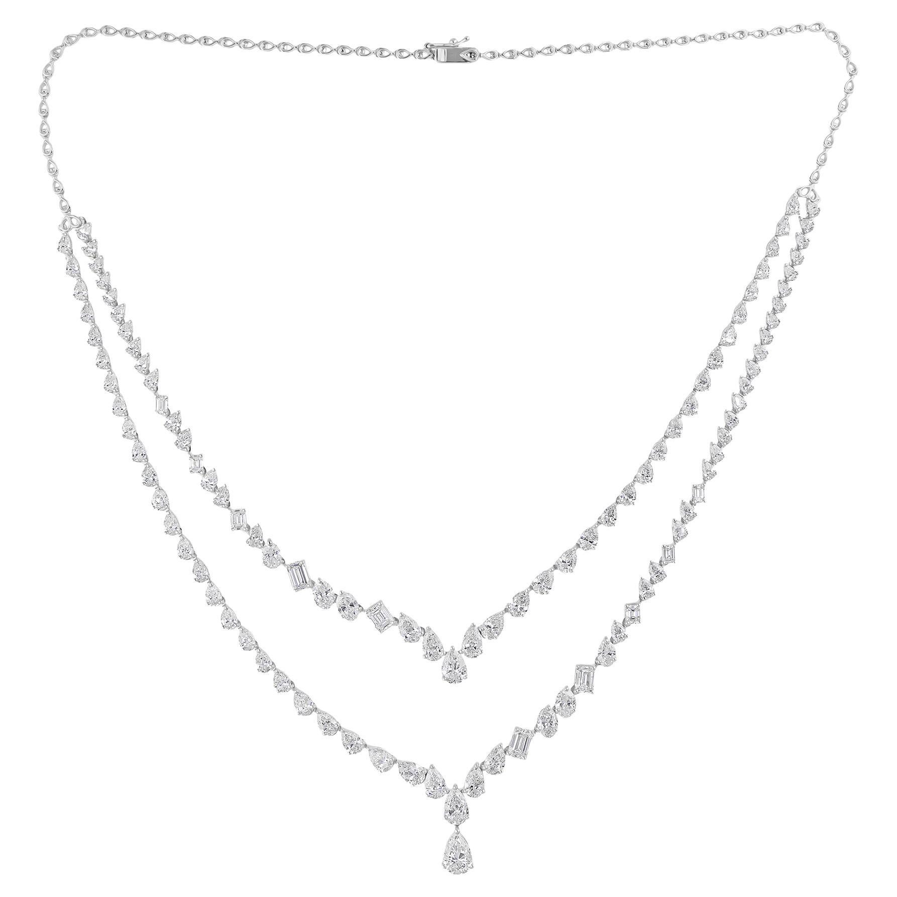 16.30 Carat SI/H Pear Emerald Cut Diamond Necklace 18 Karat White Gold Jewelry