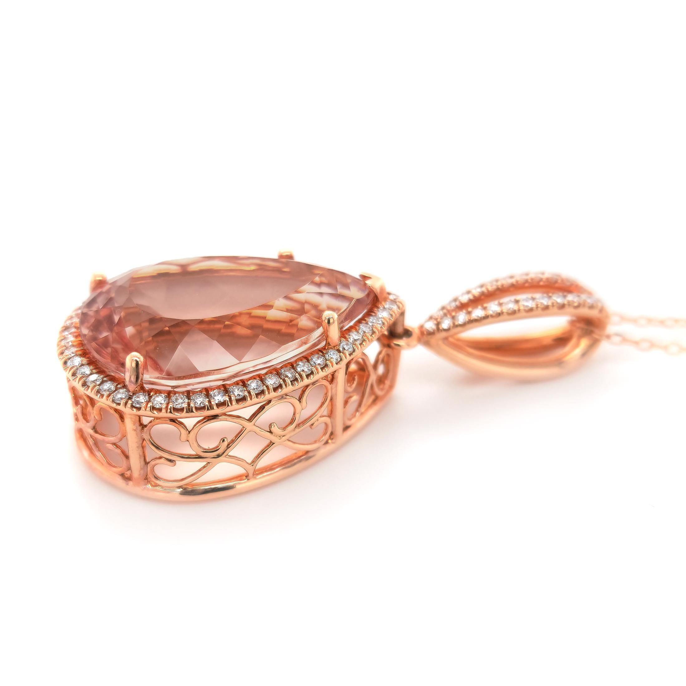Lovely gemstone set in rose gold, this 16.30 carat mystical Morganite adds a touch of fresh sexiness to this pendant. Set in 14K Gold, there will be no denying the durability of this pendant paired with the everlasting salmon colored beryl. Although
