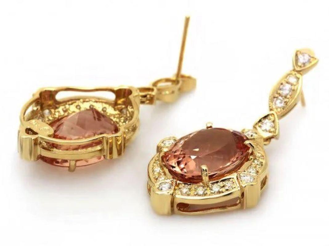 Mixed Cut 16.30 Carats Natural Morganite and Diamond 14K Yellow Gold Earrings For Sale