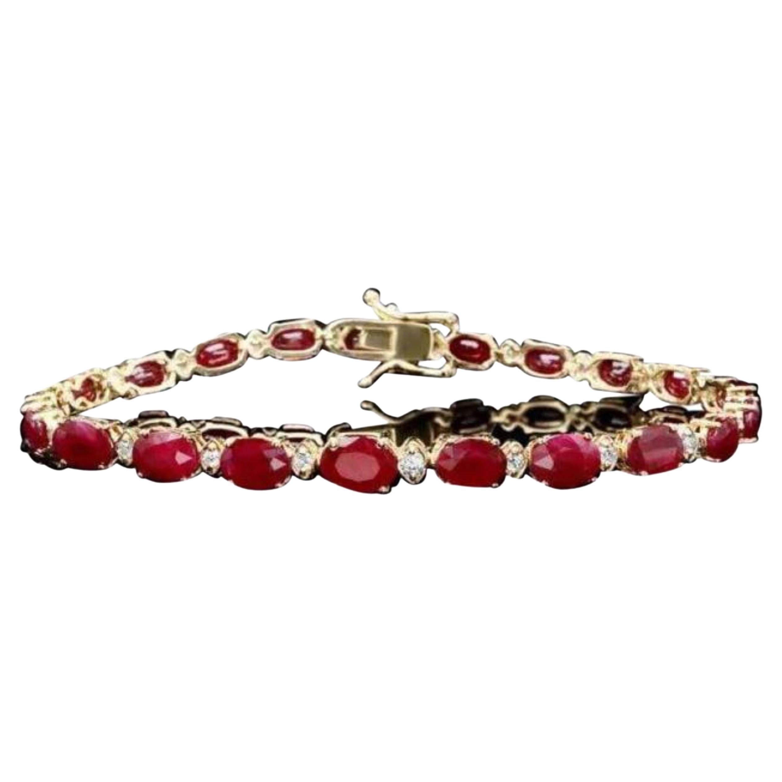 16.30Ct Natural Red Ruby & Diamond 14K Solid Yellow Gold Bracelet For Sale