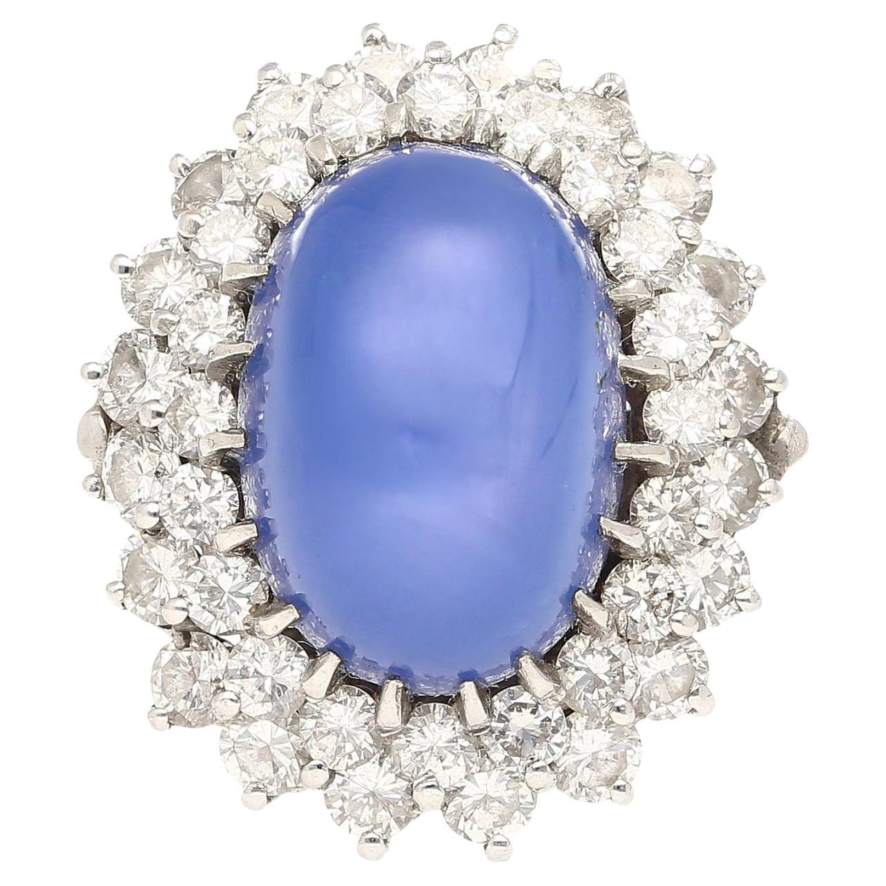 16.30ct No Heat Blue Star-Sapphire 18K Ring in Vintage Platinum & Diamond Halo For Sale