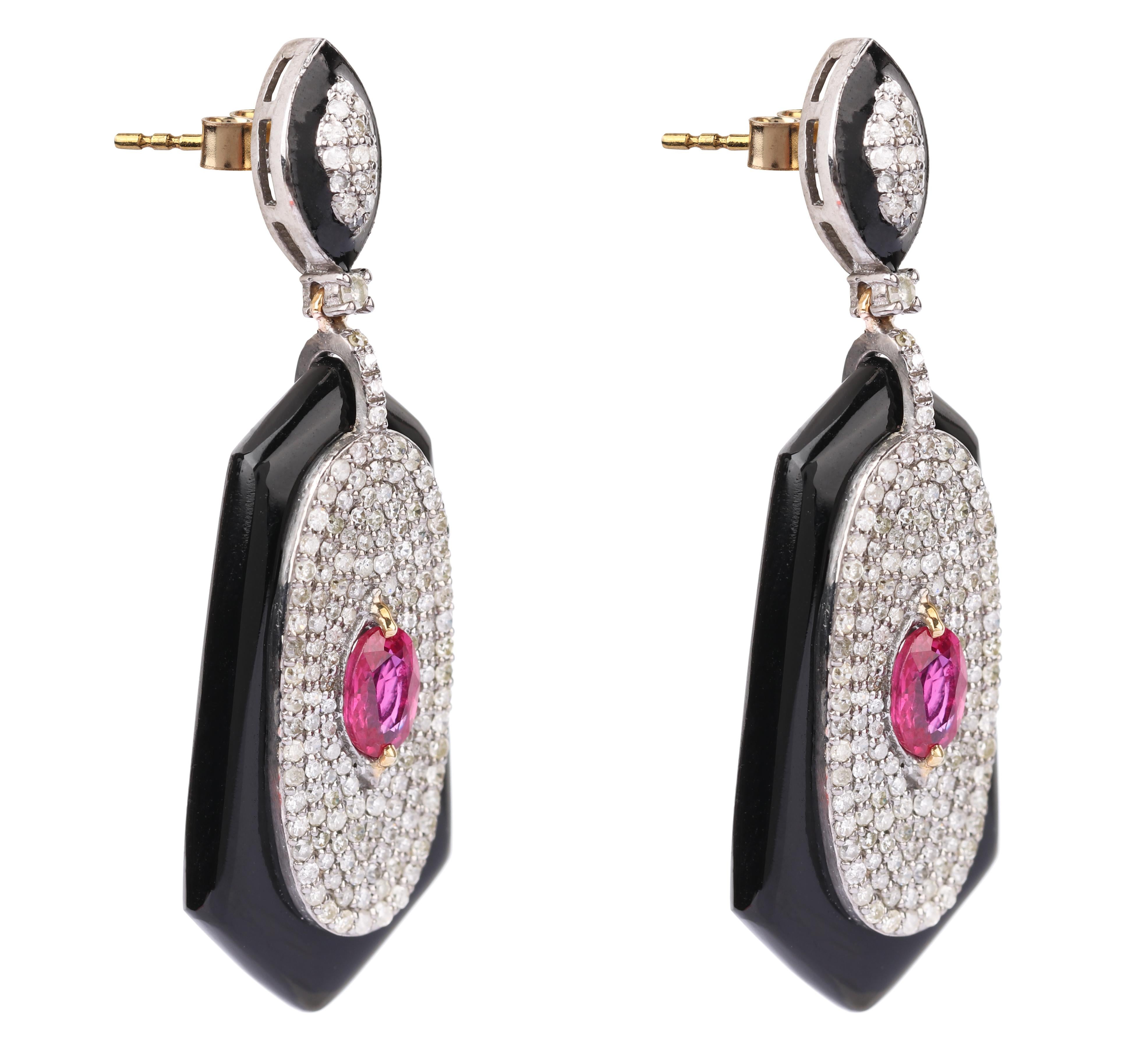 Women's 16.31 Carats Diamond, Ruby, and Black Onyx Drop Earrings in Contemporary Style For Sale