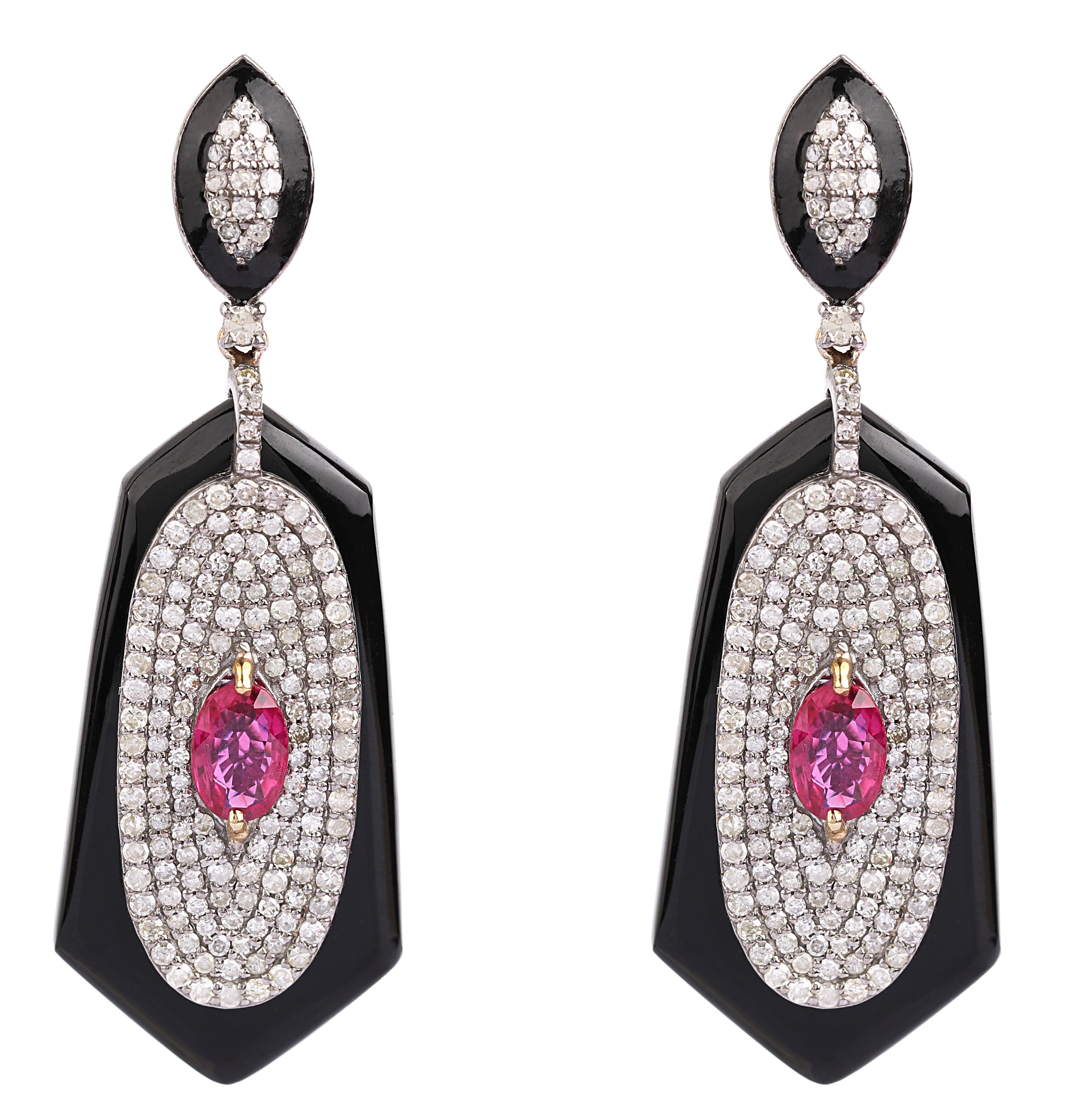 16.31 Carats Diamond, Ruby, and Black Onyx Drop Earrings in Contemporary Style For Sale 2