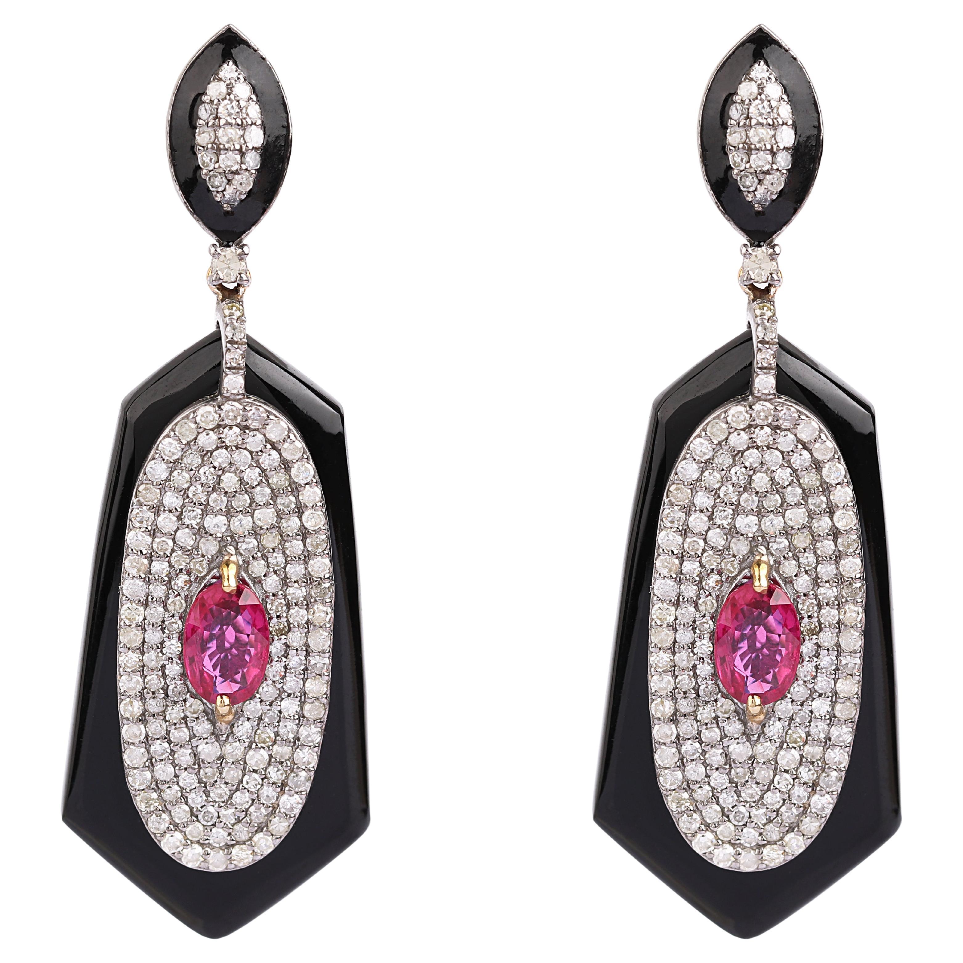 16.31 Carats Diamond, Ruby, and Black Onyx Drop Earrings in Contemporary Style For Sale