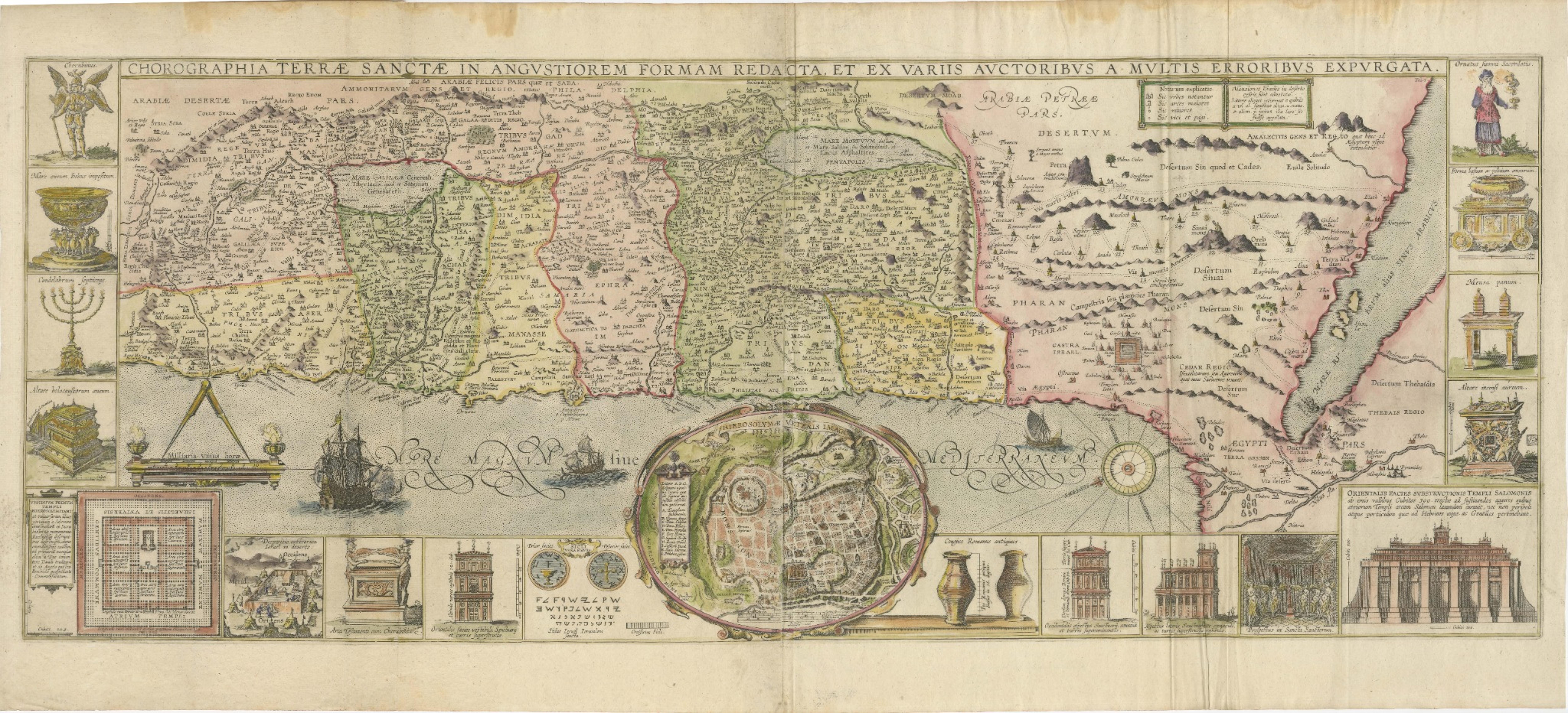 Titre : Carte décorative de 1632 de la Lande avec des inserts de Jérusalem et des objets bibliques  

Description :  Cette carte richement détaillée de la Lande, publiée en 1632, offre une vue fascinante des régions bibliques d'Israël et des régions