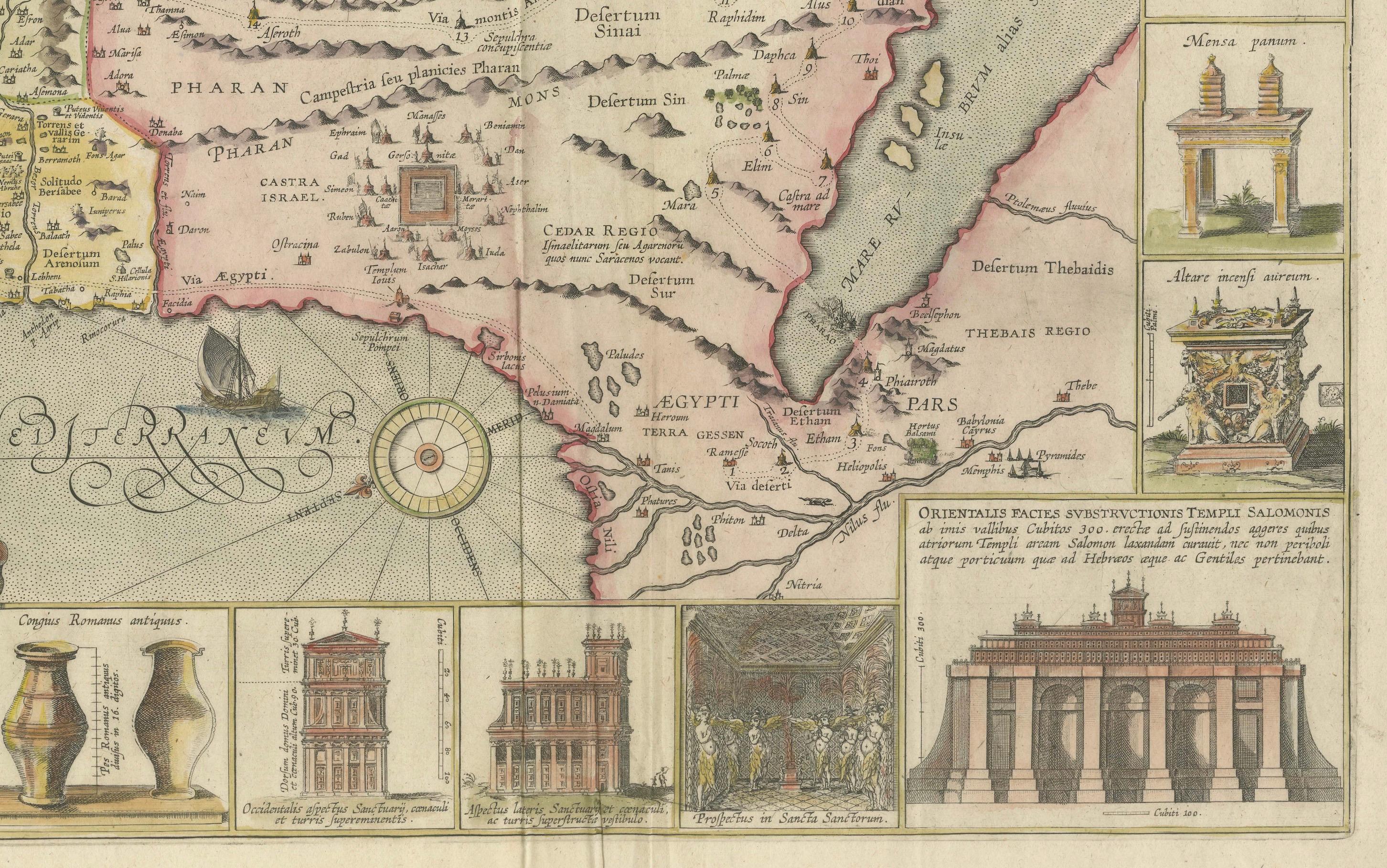 Gravé Carte décorative de la Terre Sainte, inserts de Jérusalem et artefacts bibliques de 1632 en vente