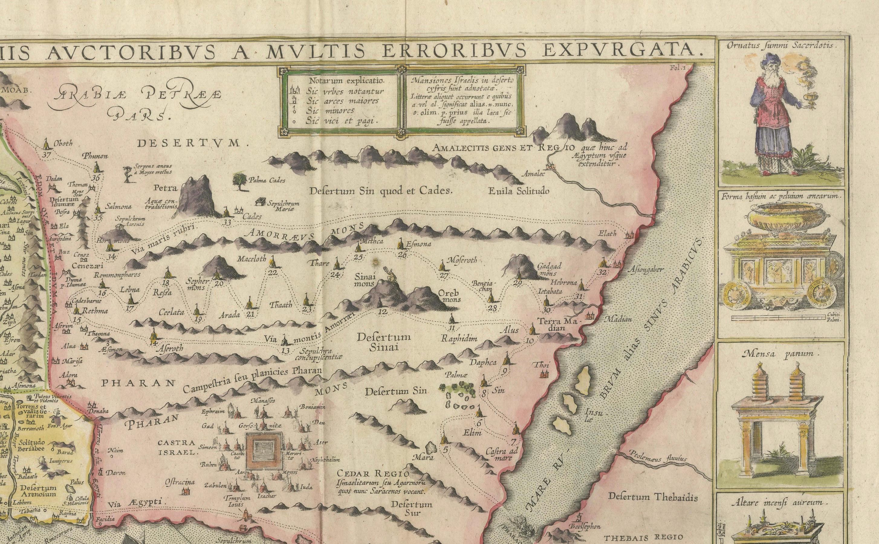 Carte décorative de la Terre Sainte, inserts de Jérusalem et artefacts bibliques de 1632 Bon état - En vente à Langweer, NL